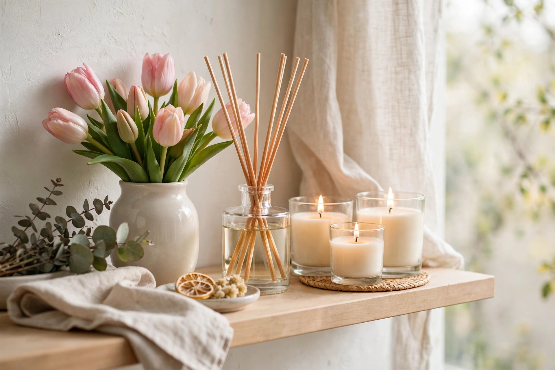 Spring scent corner with reed diffuser, floral candles and fresh tulips