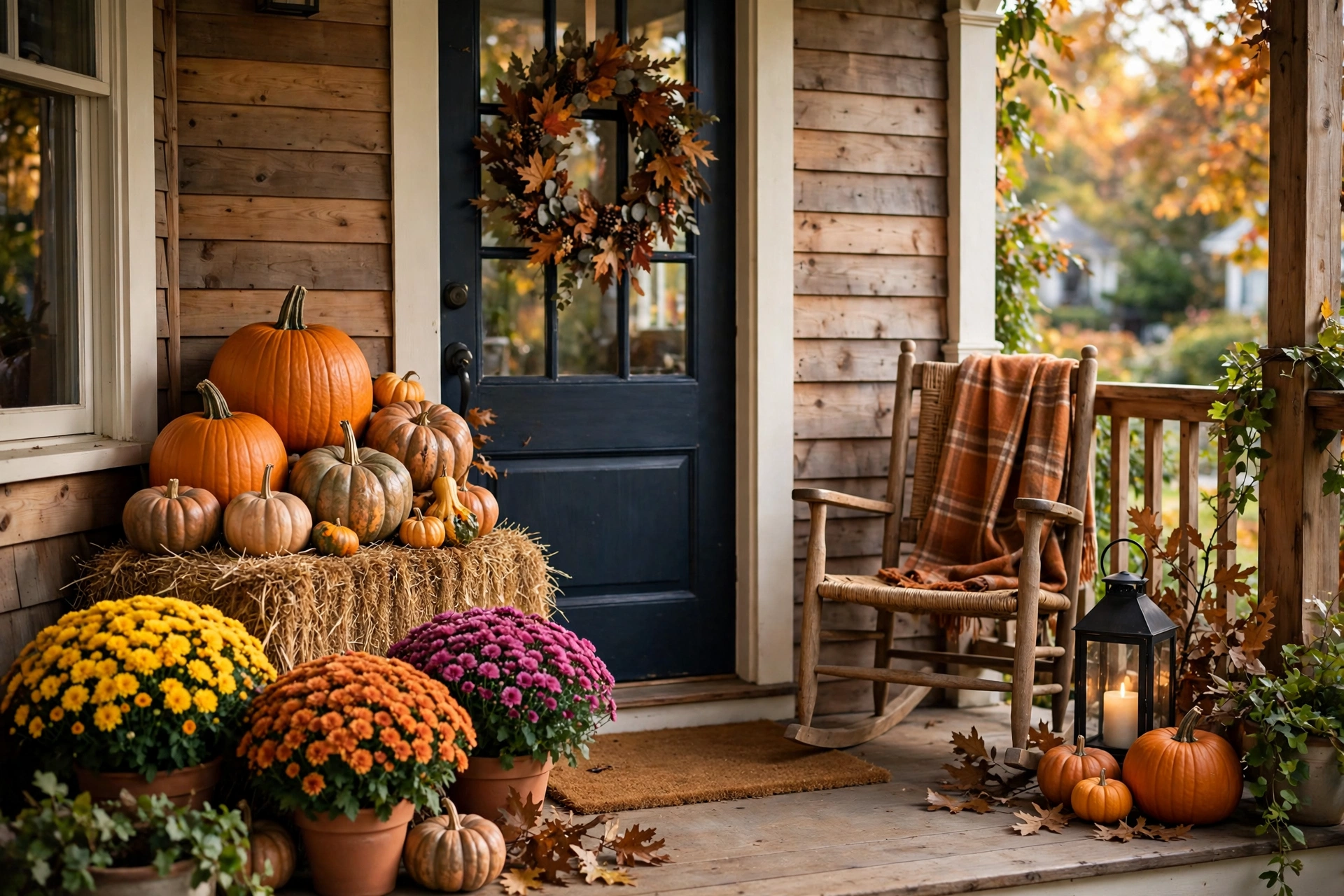 Front porch entryway decorated for fall with pumpkin vignette, hay bales and mums