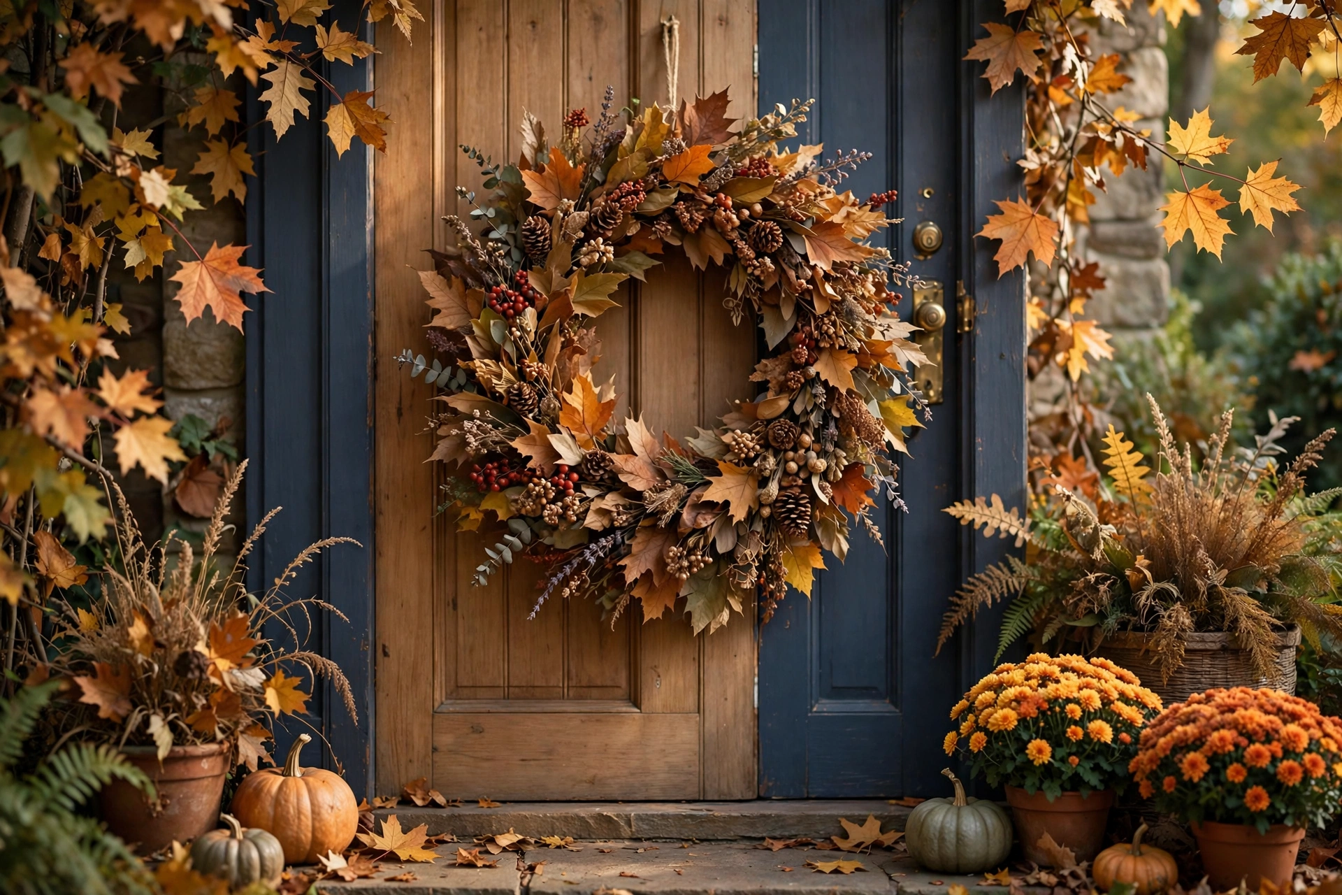 Autumn wreath with dried leaves, berries and pinecones on a front door
