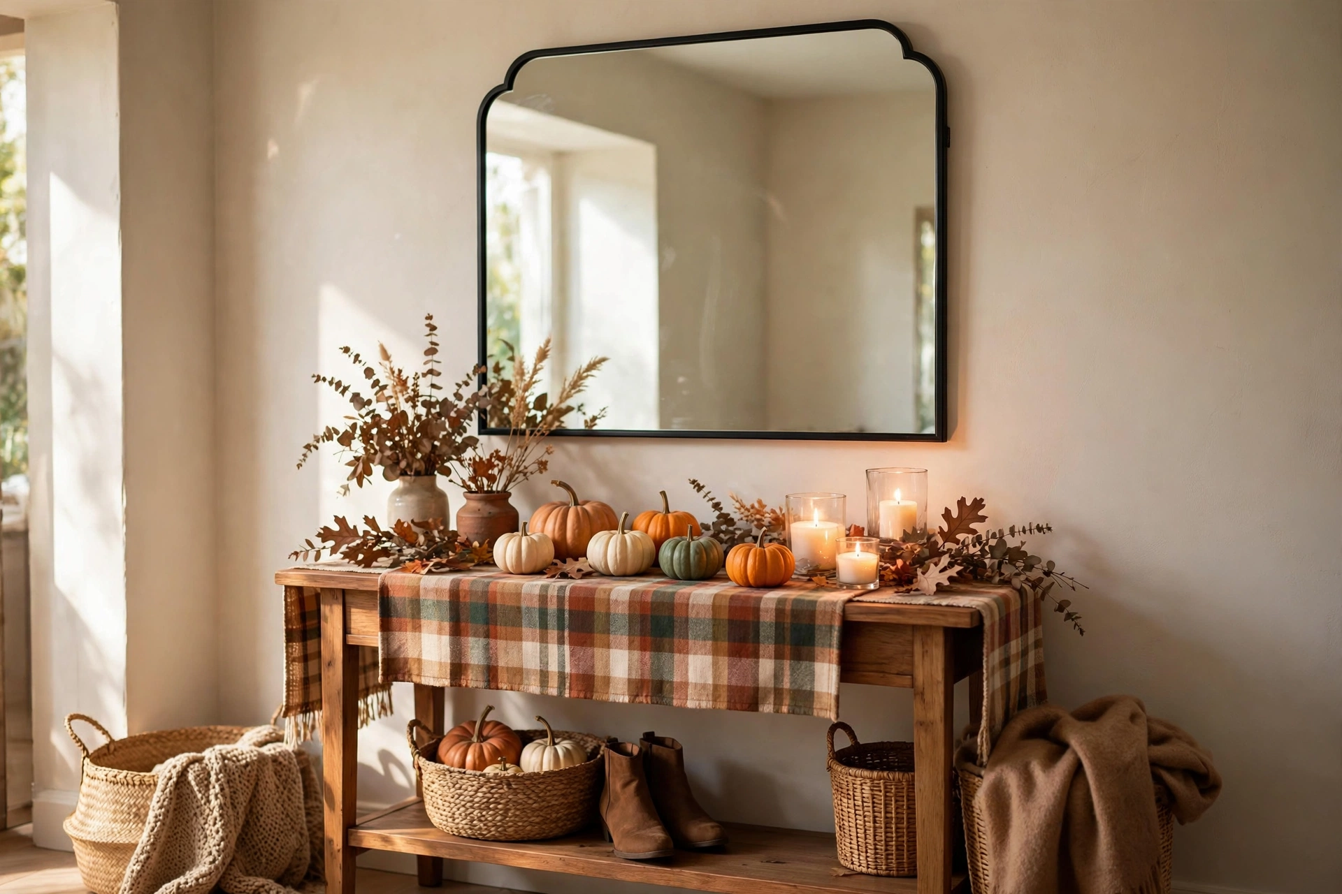 Entryway console table with plaid runner, small pumpkins and glowing candles