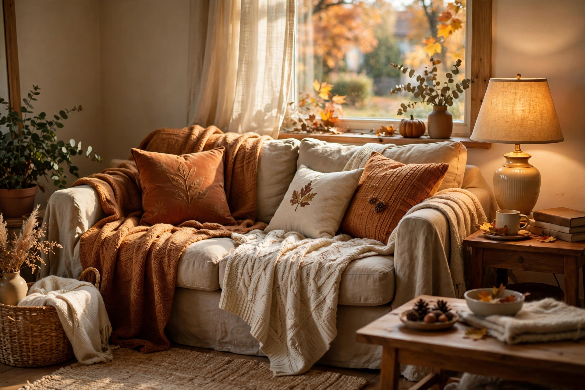 Cozy living room sofa draped with warm throw blankets in rust and cream