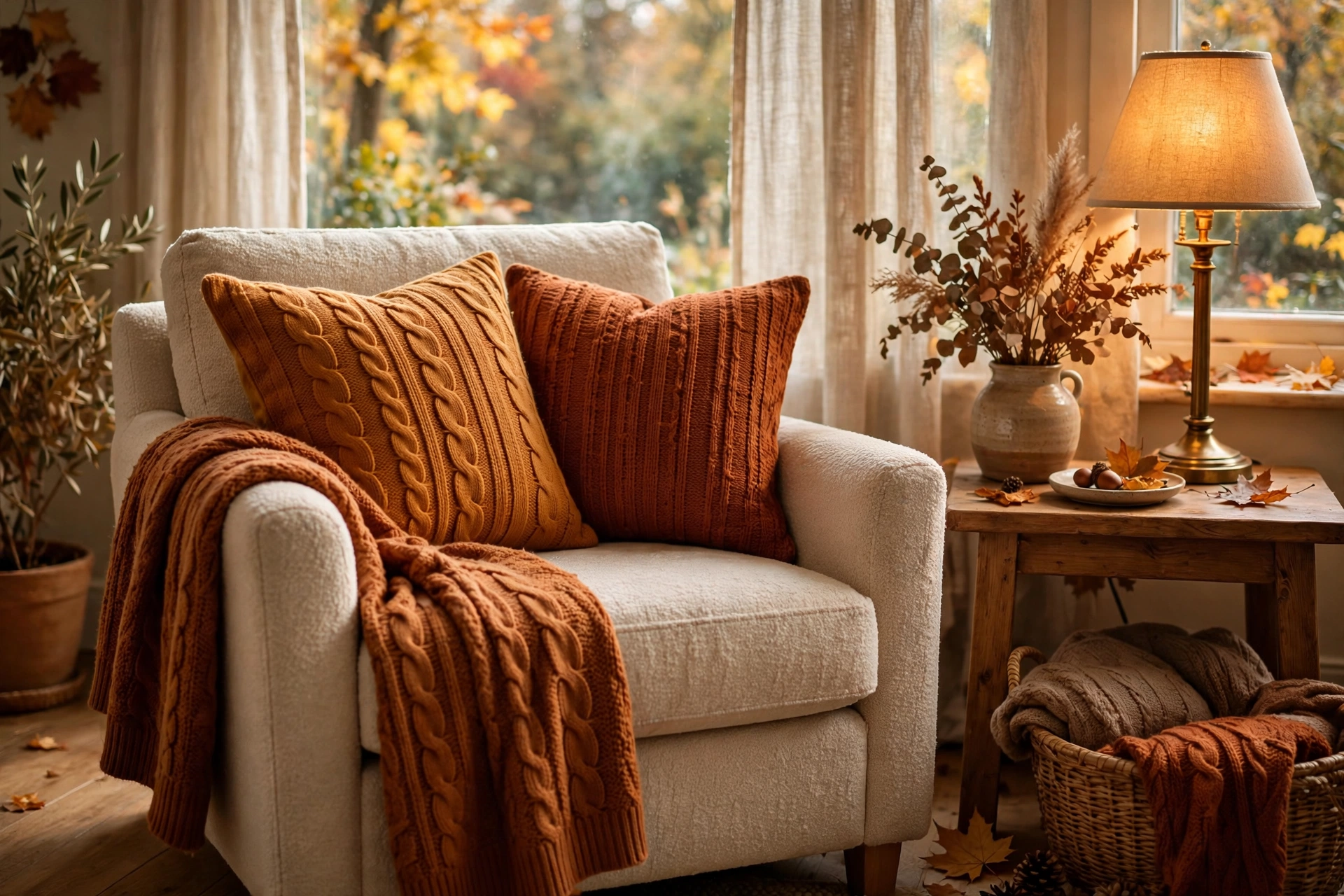 Armchair with amber and rust throw pillows swapped in for fall