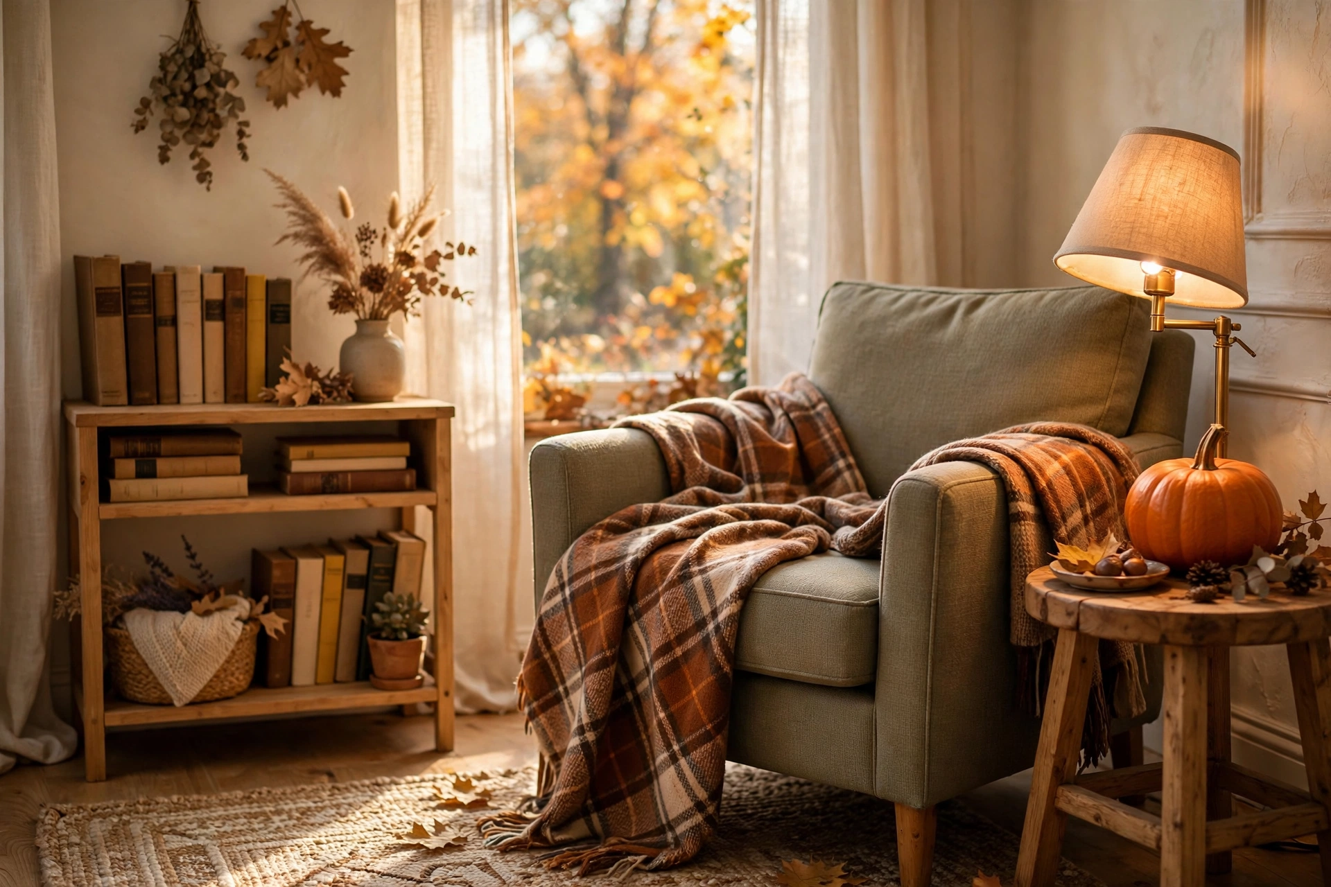 Cozy fall reading corner with armchair, plaid blanket and warm reading lamp