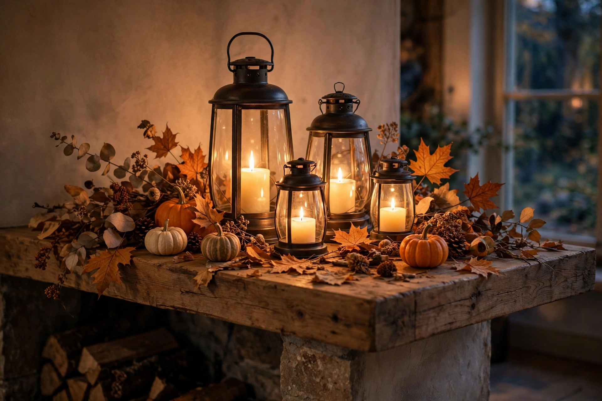 Cluster of glowing candle lanterns on a wooden mantel with fall decorations
