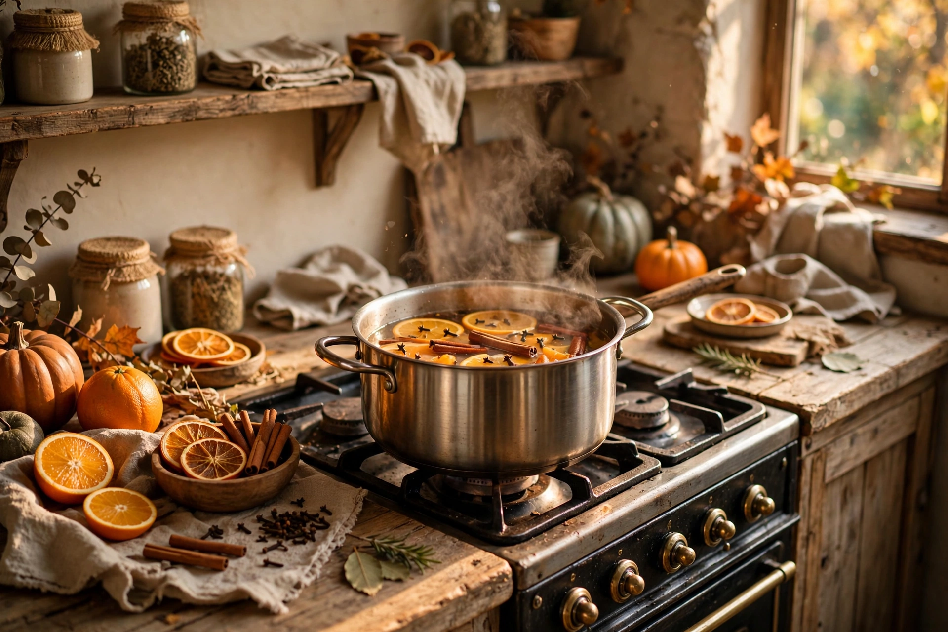 Autumn simmer pot with orange slices, cinnamon and cloves steaming on a stove