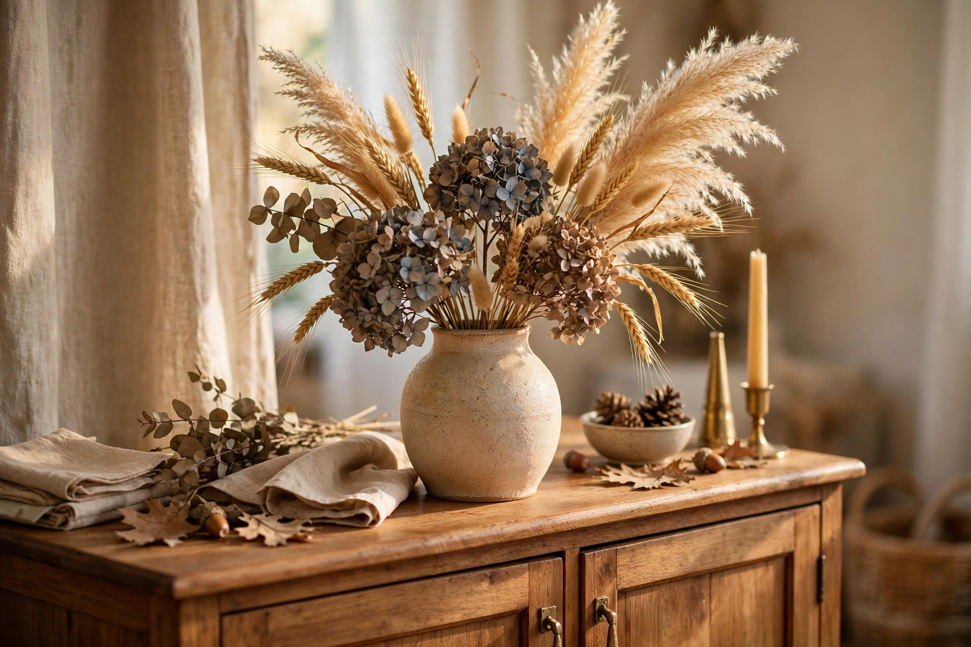 Dried floral arrangement with wheat stems and pampas grass in a ceramic vase
