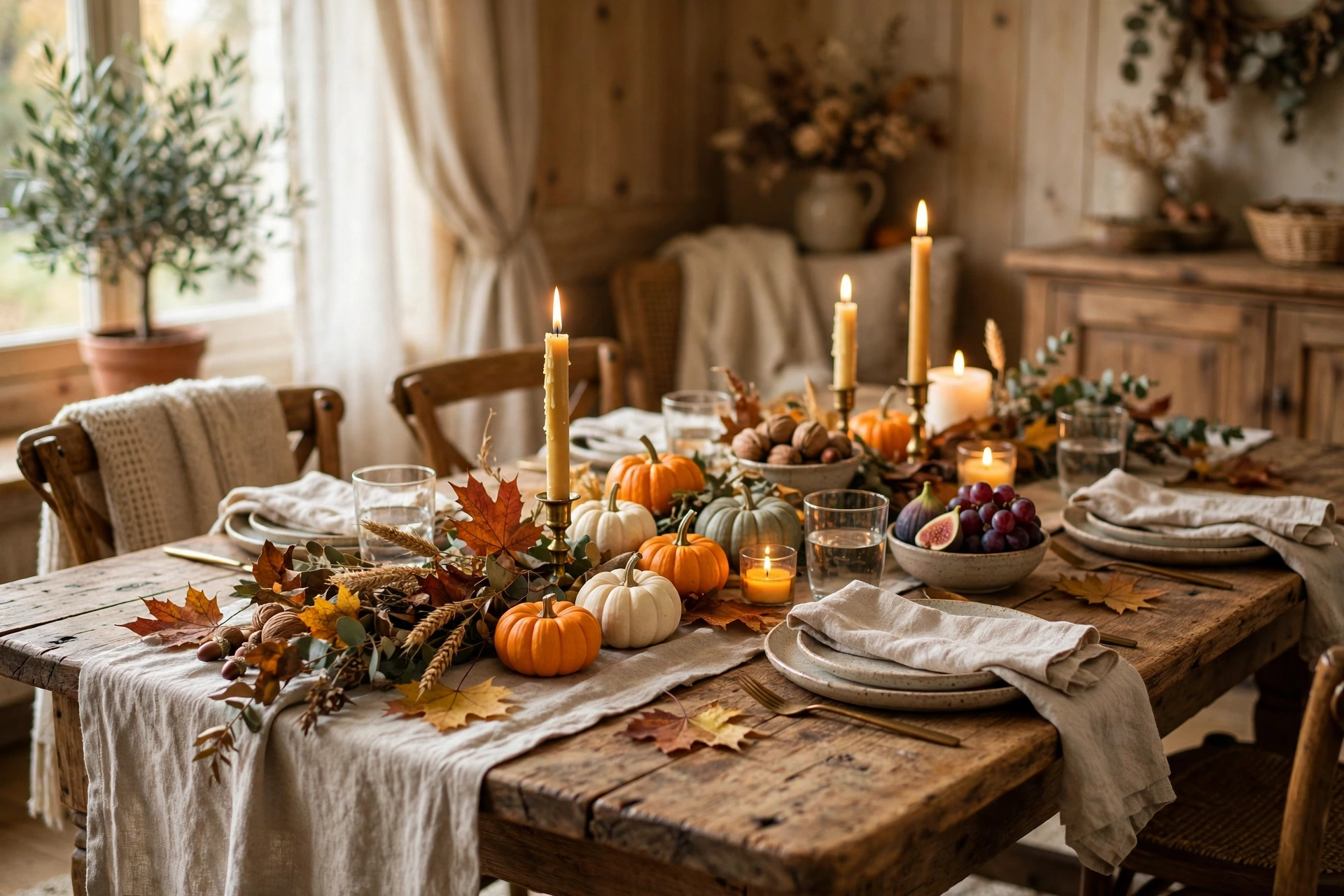 Harvest tablescape with mini pumpkins, candles and autumn leaves on a rustic table