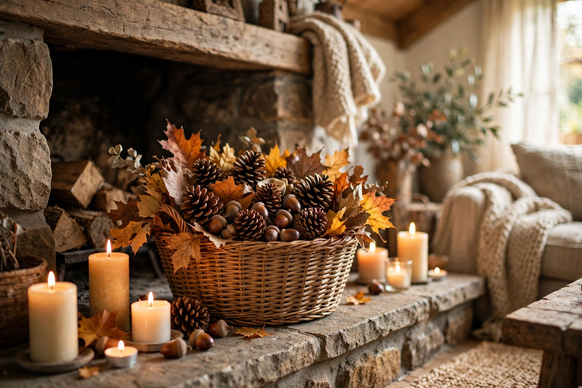 Woven basket of pinecones and autumn leaves styled on a fireplace hearth