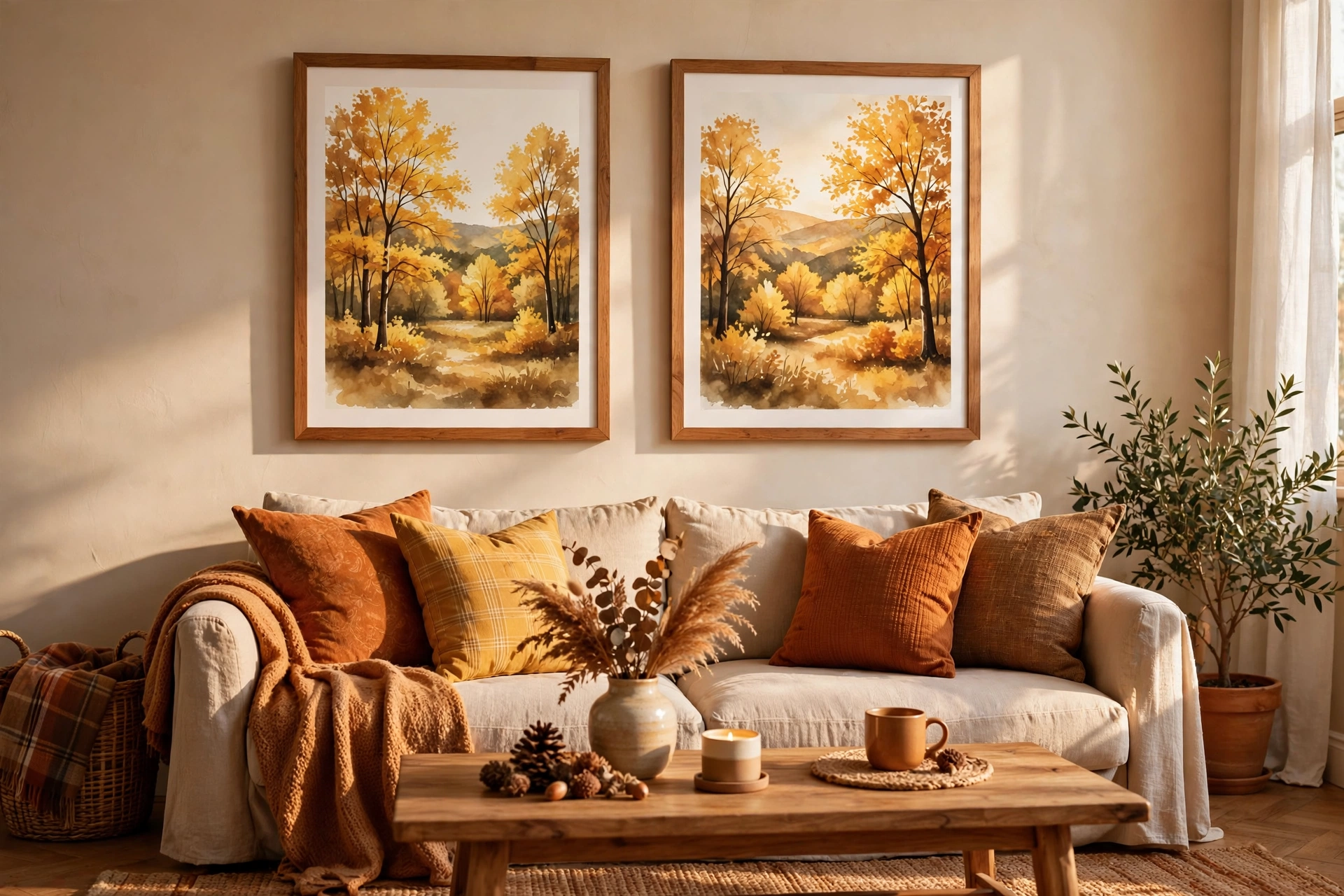 Living room wall with warm-toned autumn landscape art and fall pillows