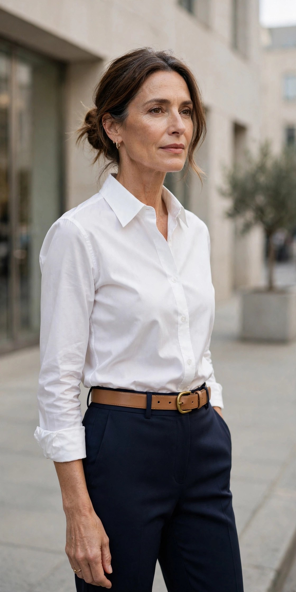 Elegant woman over 50 in a white button-down shirt and navy tailored trousers