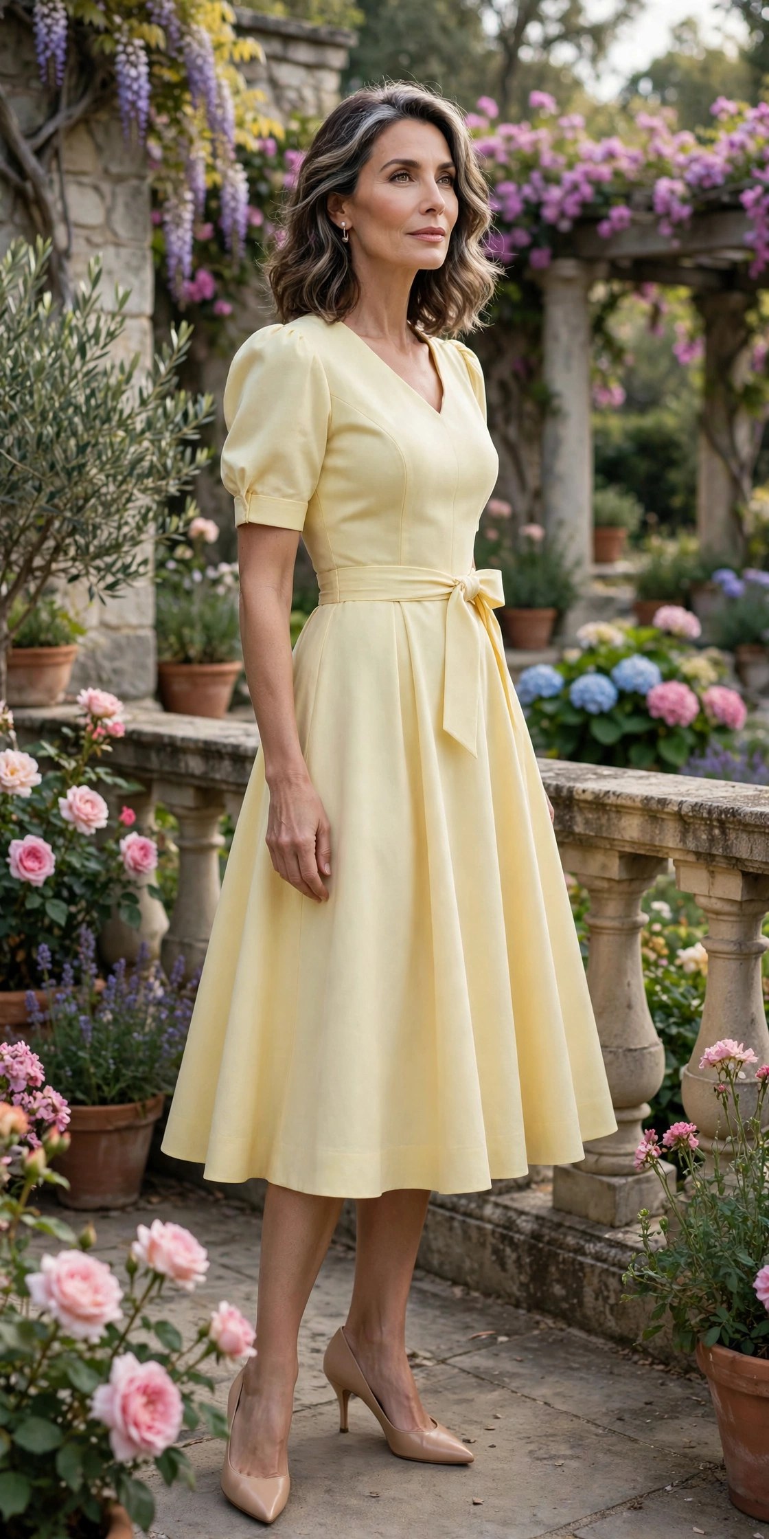 Elegant woman over 50 in a pastel yellow fit-and-flare tea dress