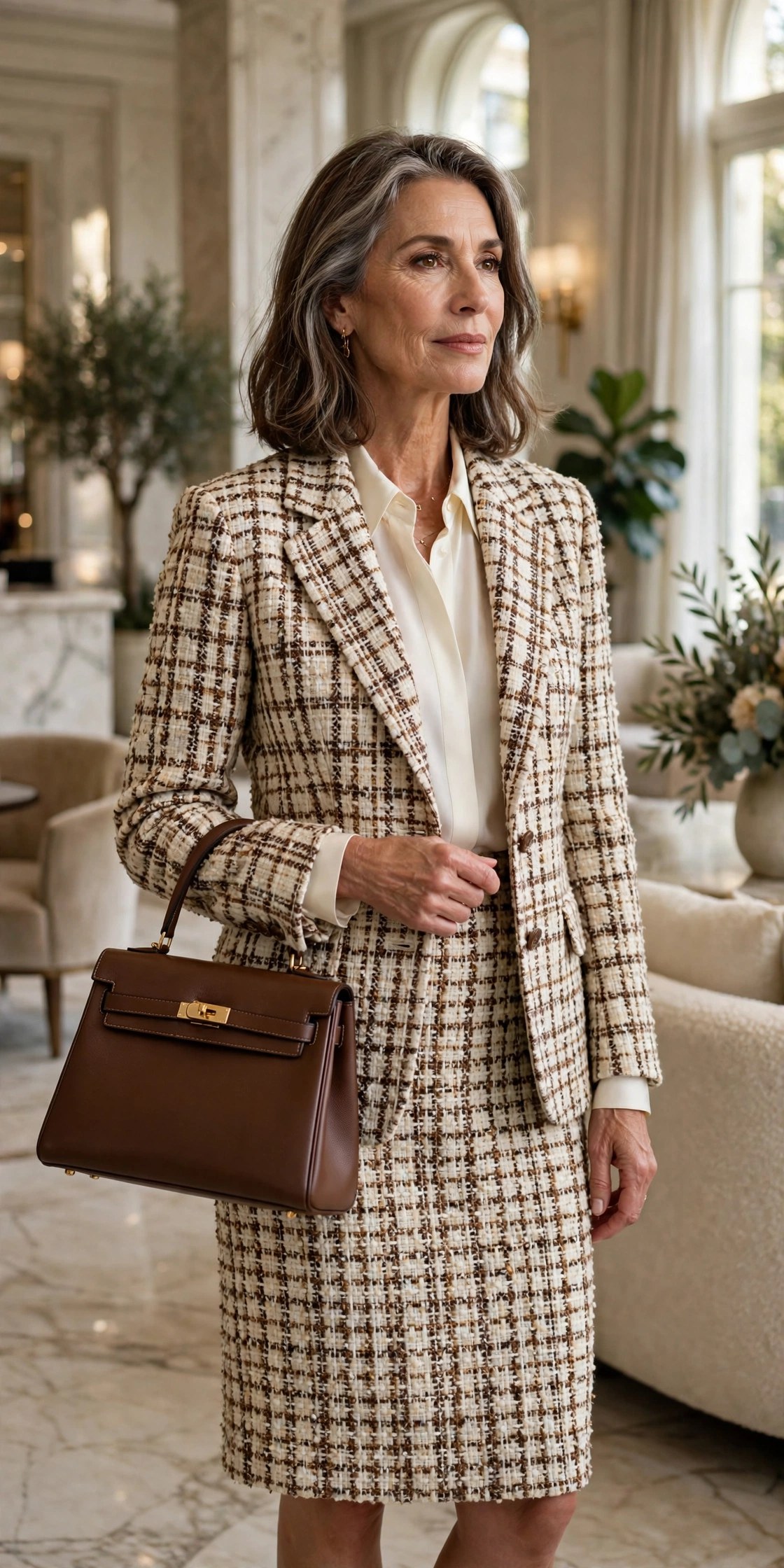 Elegant woman over 50 in a tweed skirt suit with a top-handle handbag