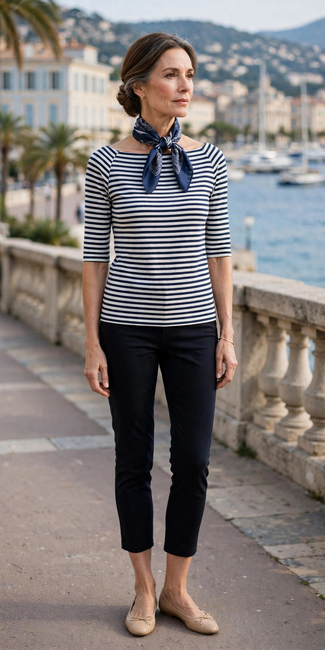 Elegant woman over 50 in black capris, striped top and silk headscarf