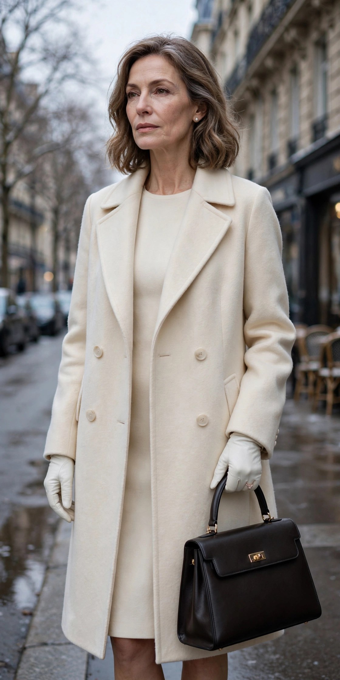 Elegant woman over 50 in a cream swing coat and white gloves