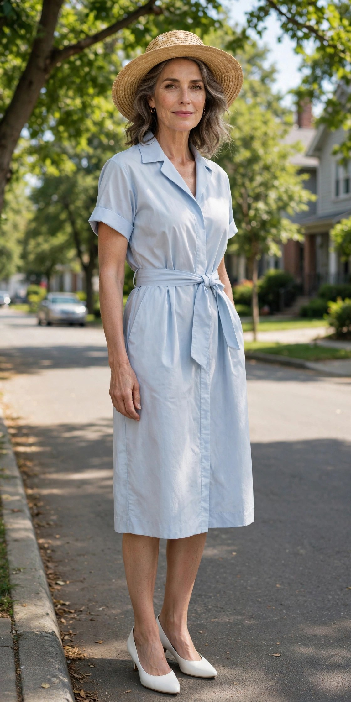 Elegant woman over 50 in a pale blue belted shirtdress