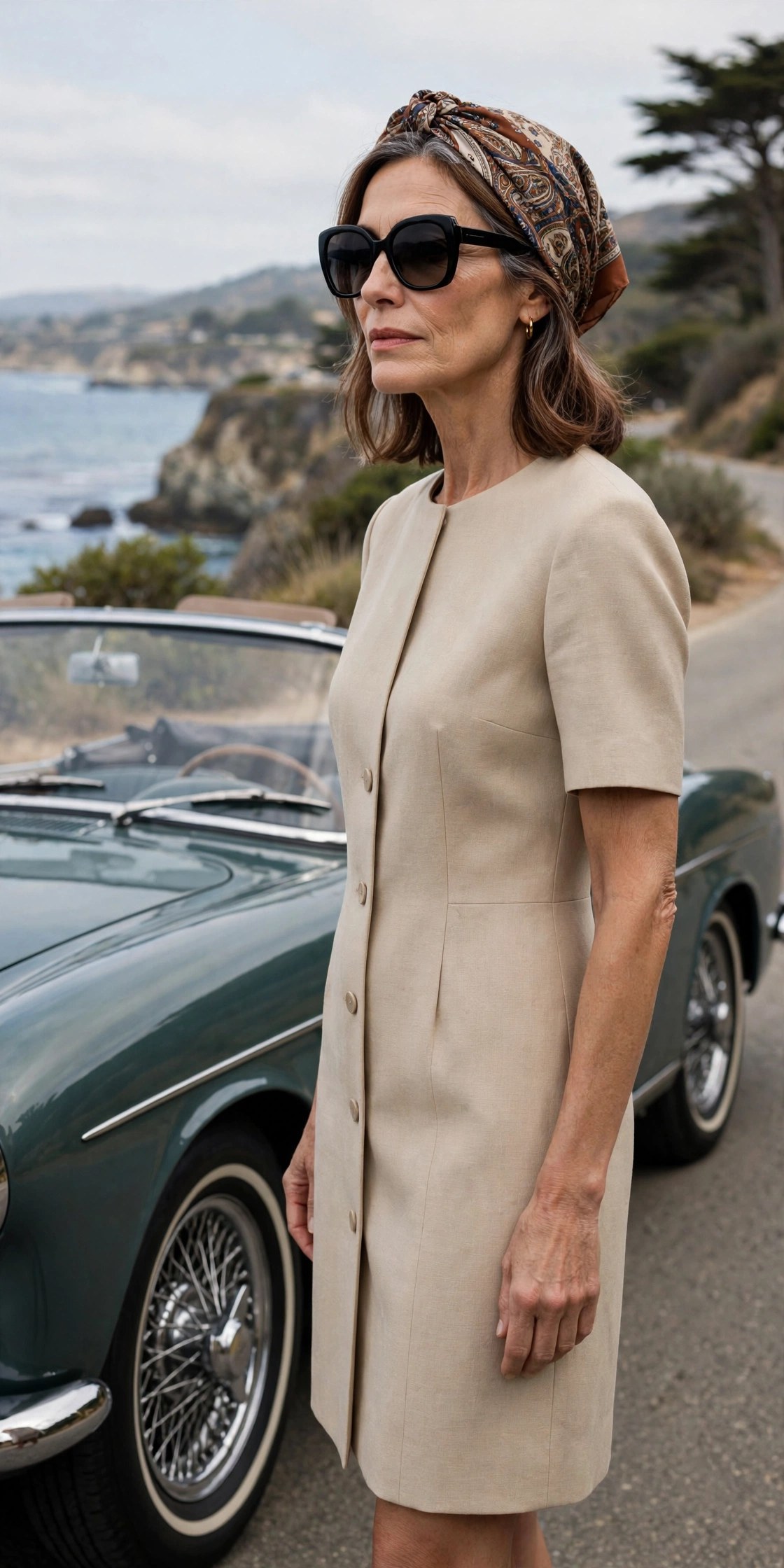 Elegant woman over 50 in a silk headscarf, sunglasses and beige shift dress