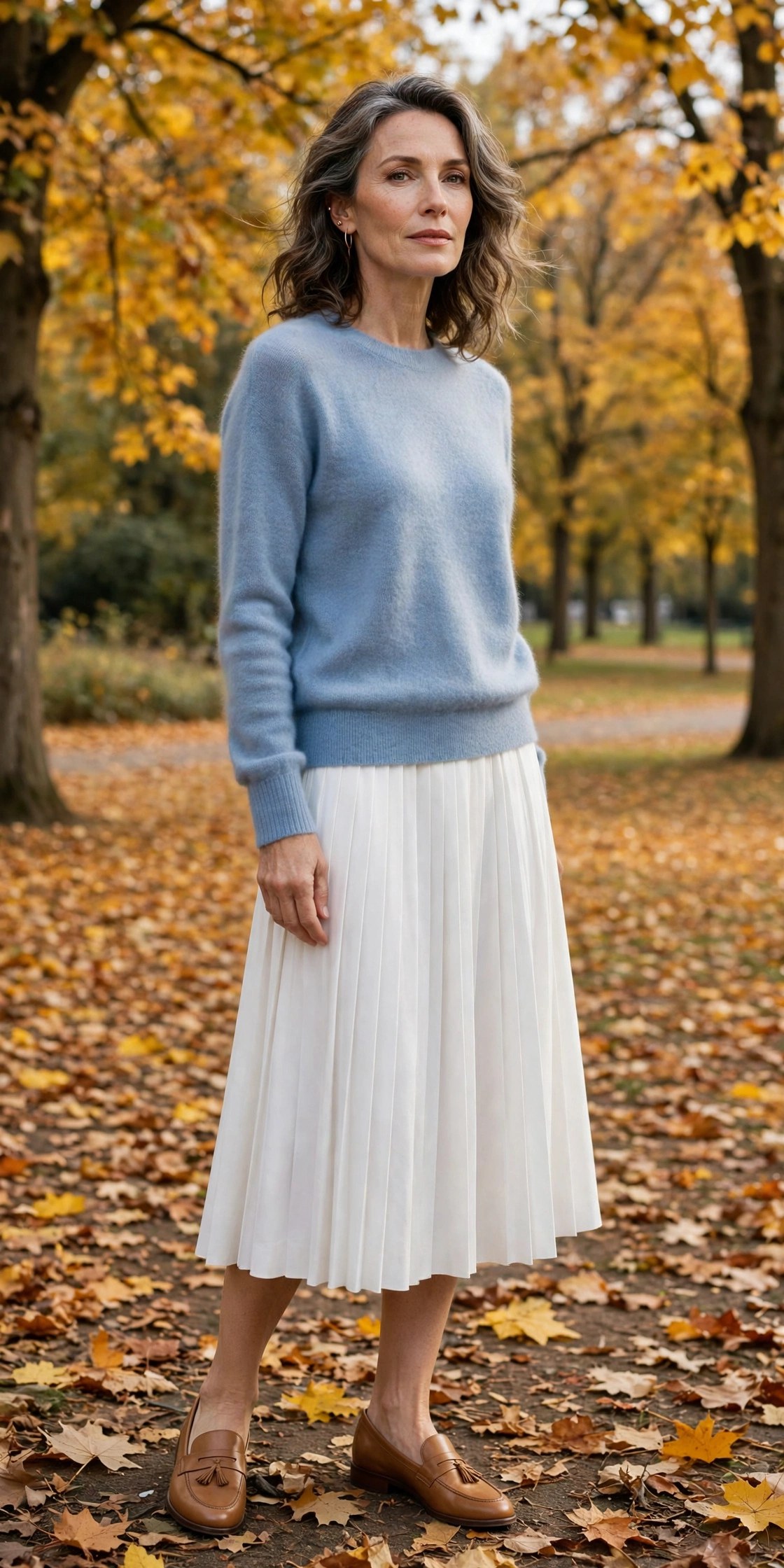 Elegant woman over 50 in a powder-blue cashmere sweater and white pleated skirt