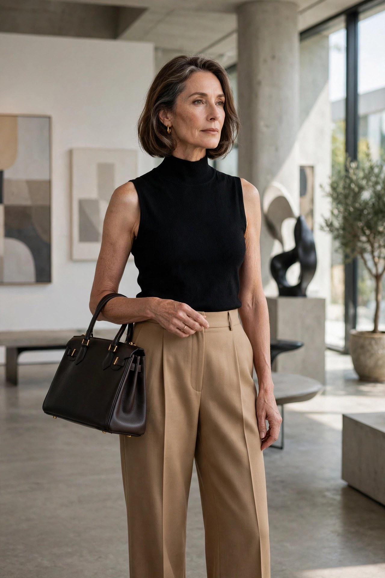 Elegant woman over 50 in a black sleeveless turtleneck and camel wide-leg trousers