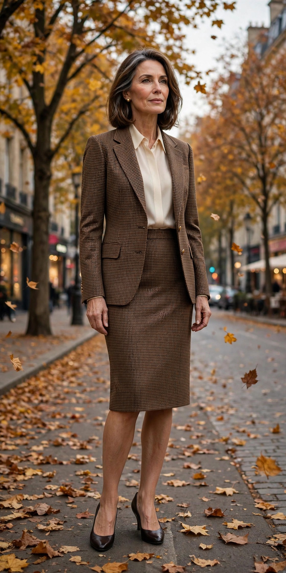 Elegant woman over 50 in a brown houndstooth skirt suit