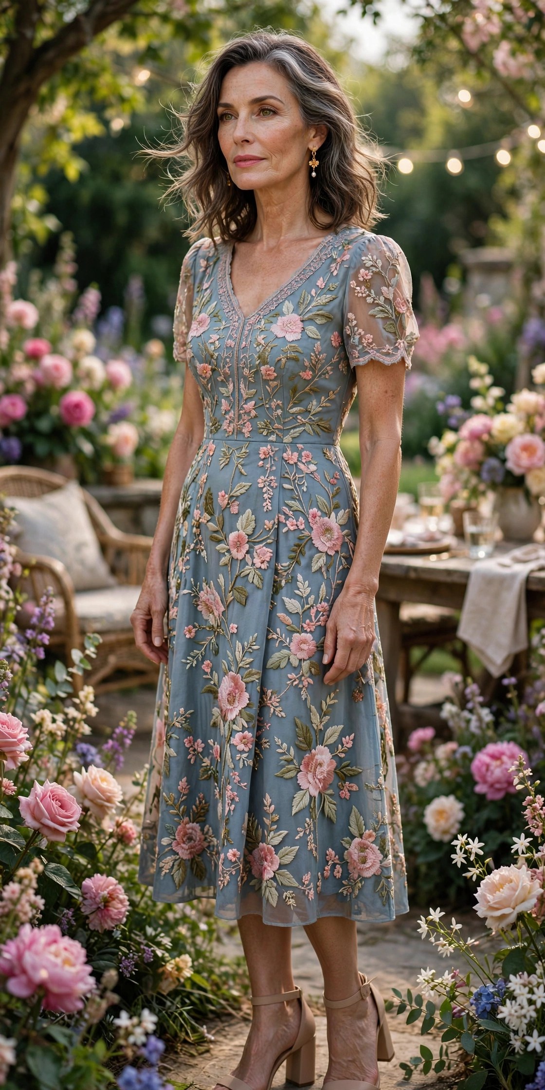 Elegant woman over 50 in a floral embroidered tea dress