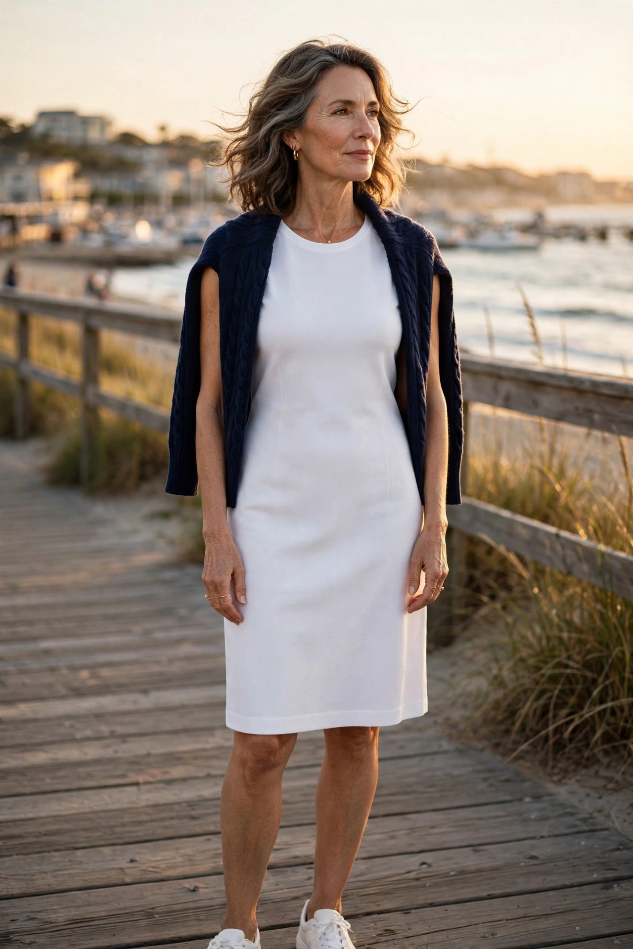 Elegant woman over 50 in a white shift dress with a draped navy cardigan