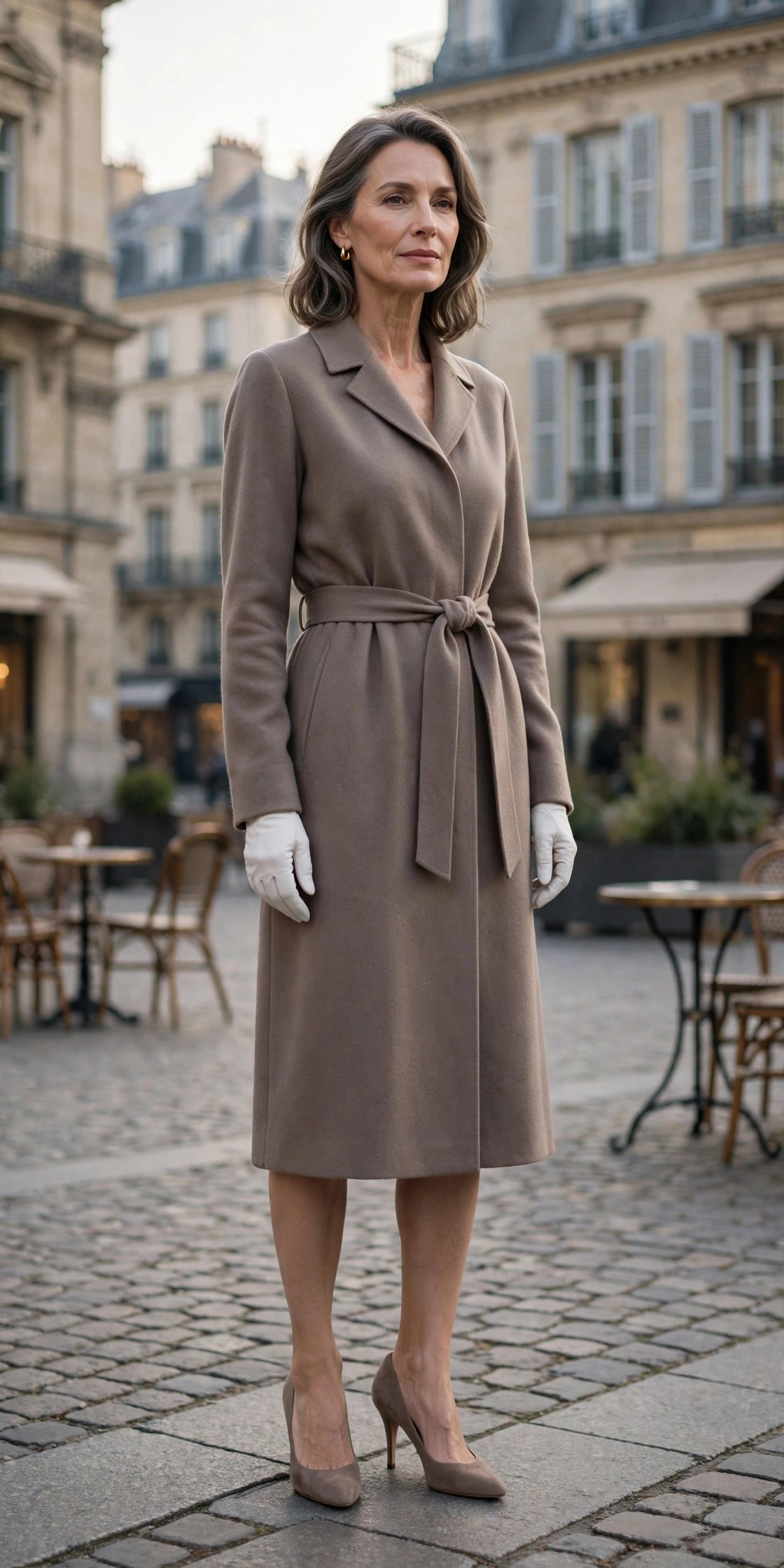 Elegant woman over 50 in a taupe cashmere coatdress and white gloves