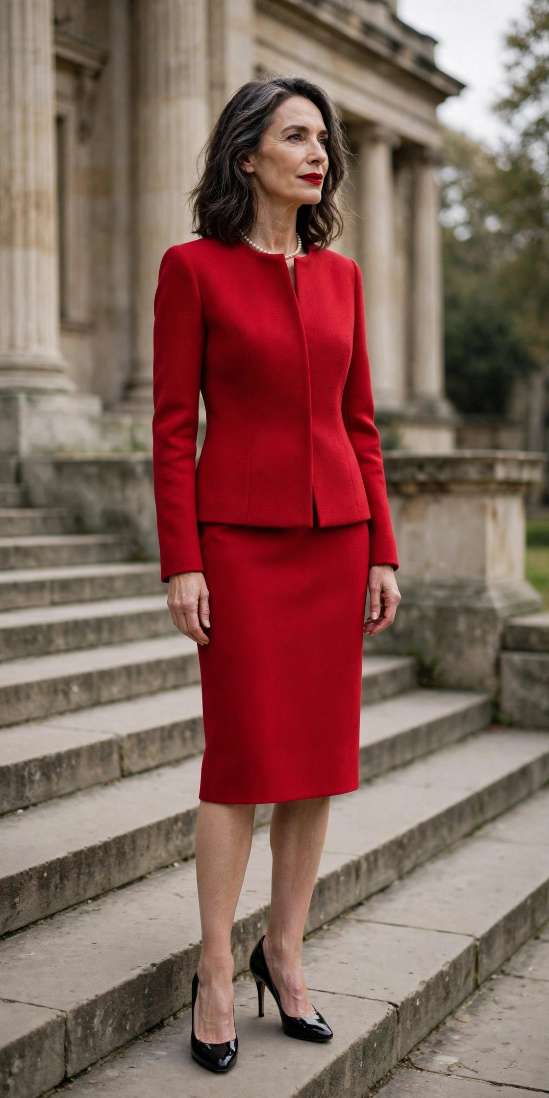 Woman over 50 in a cherry red collarless skirt suit with black pumps