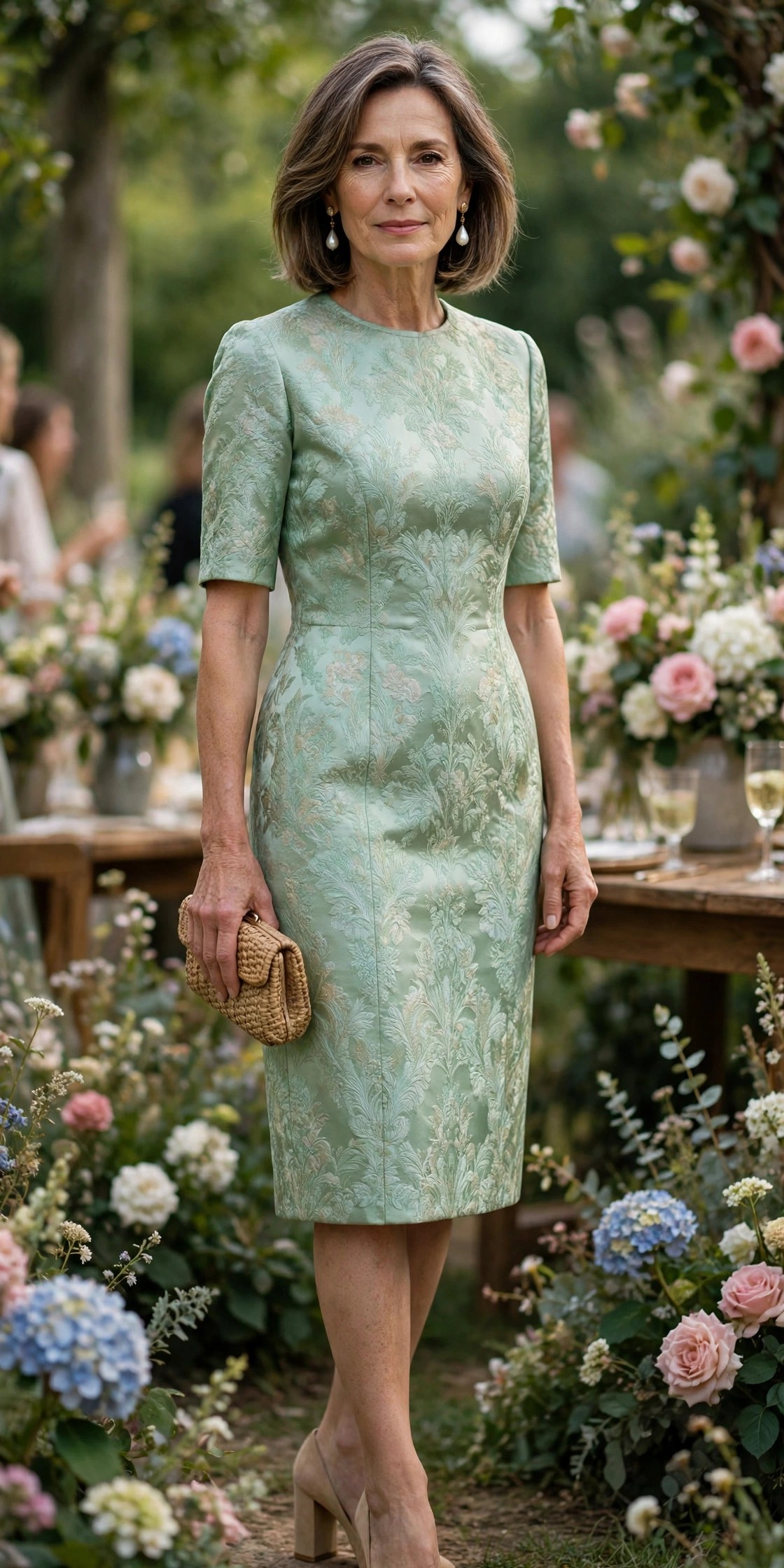 Woman over 50 in a mint green brocade sheath dress with pearl earrings