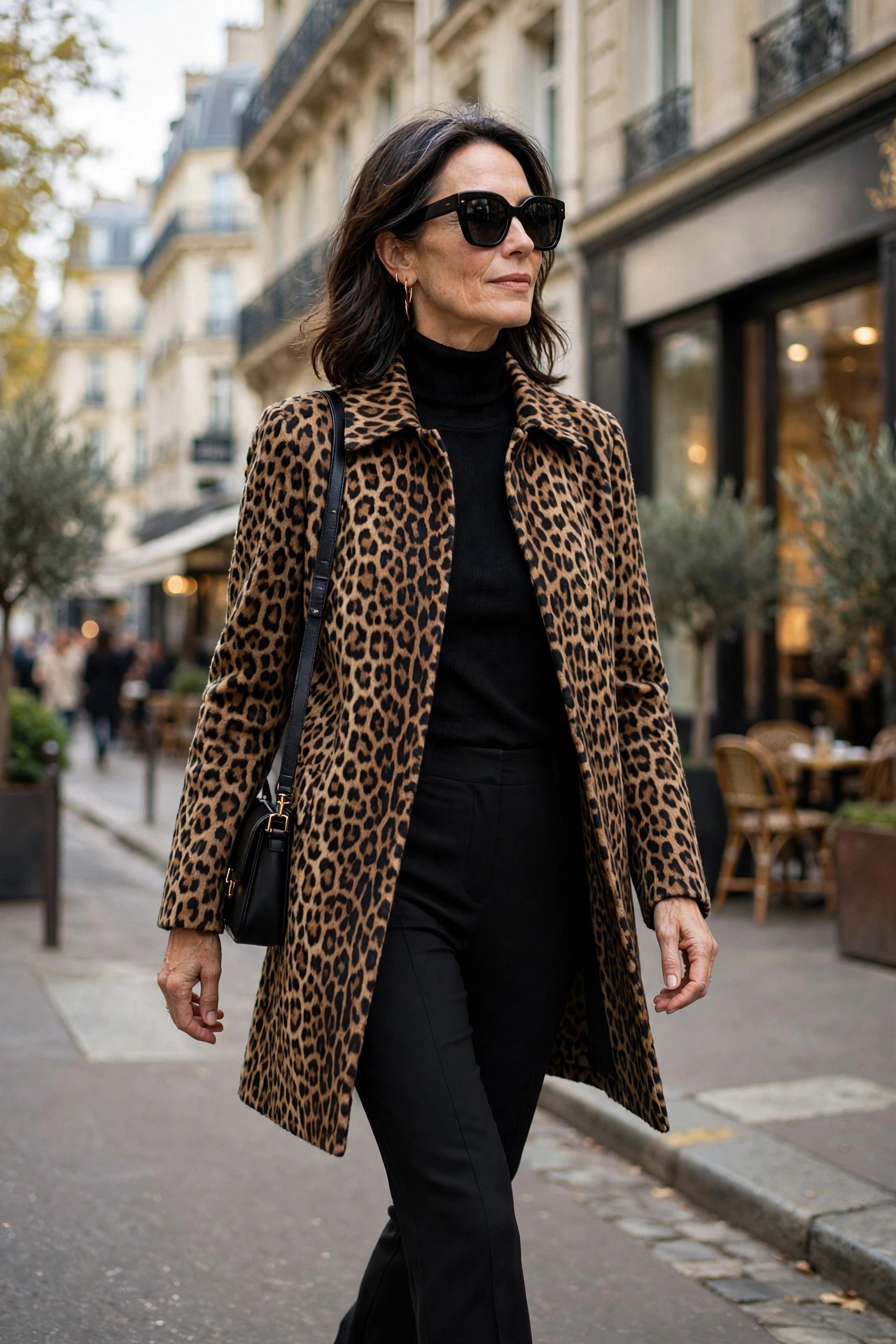 Woman over 50 in a leopard print coat with black turtleneck and sunglasses