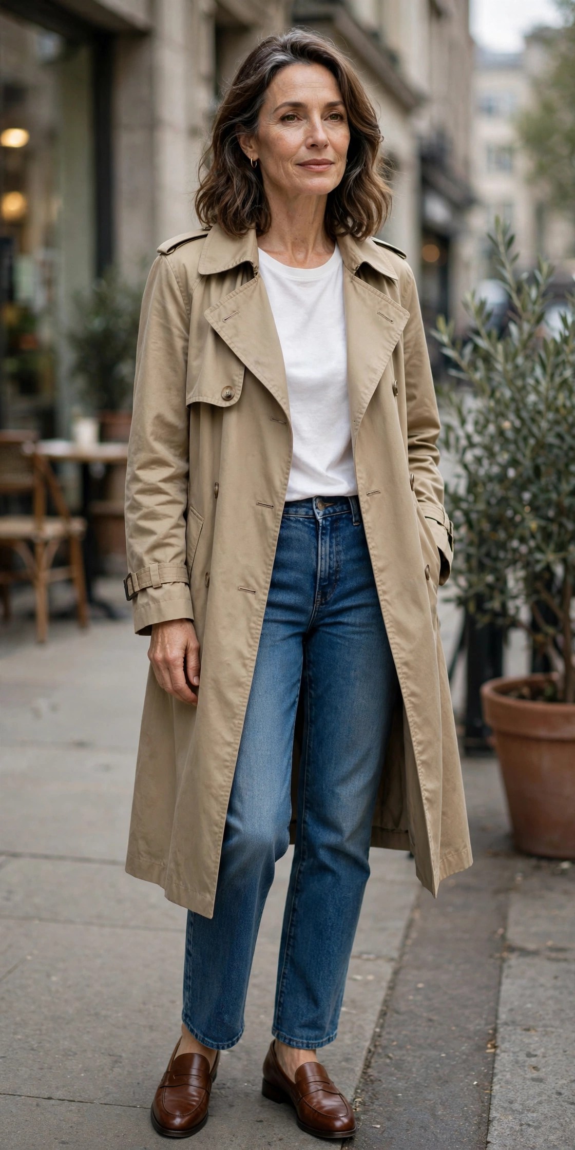 Woman over 50 wearing a khaki trench coat over a white tee and jeans