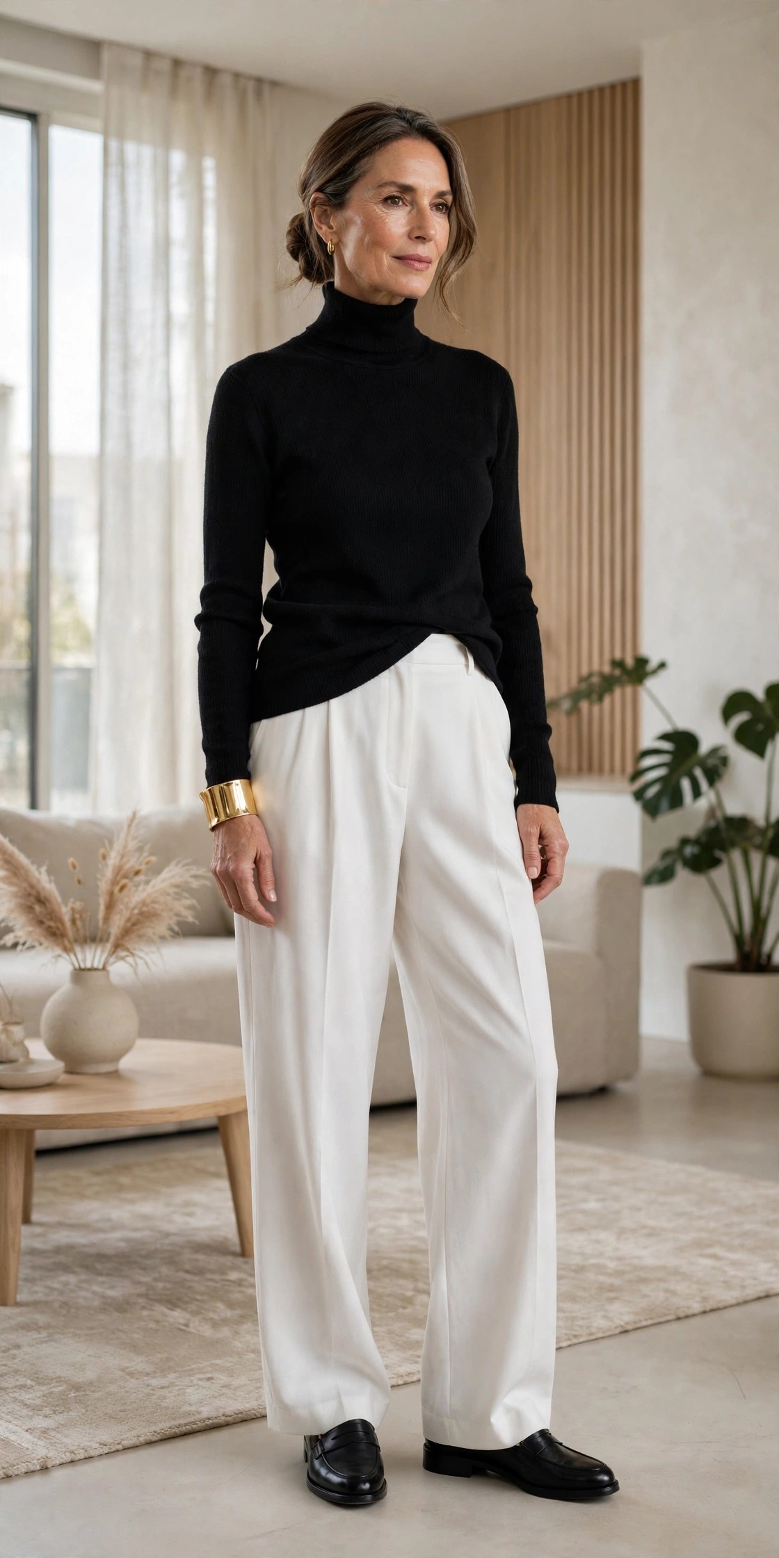 Woman over 50 in a black turtleneck with white wide-leg trousers