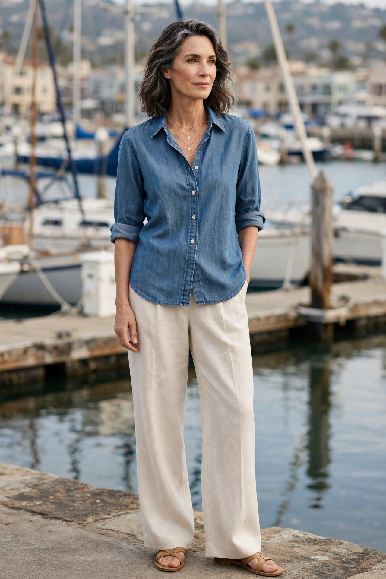 Woman over 50 in a chambray shirt with cream linen trousers by a marina