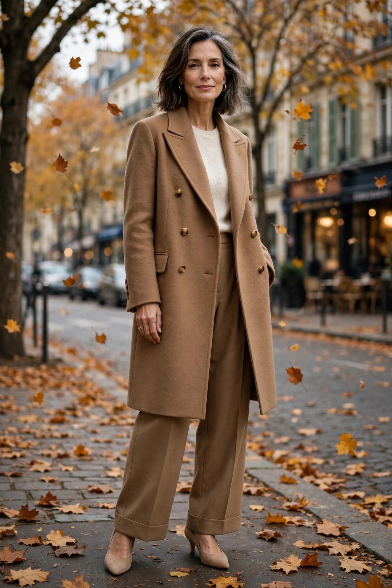 Woman over 50 wearing a double-breasted camel coat with camel trousers