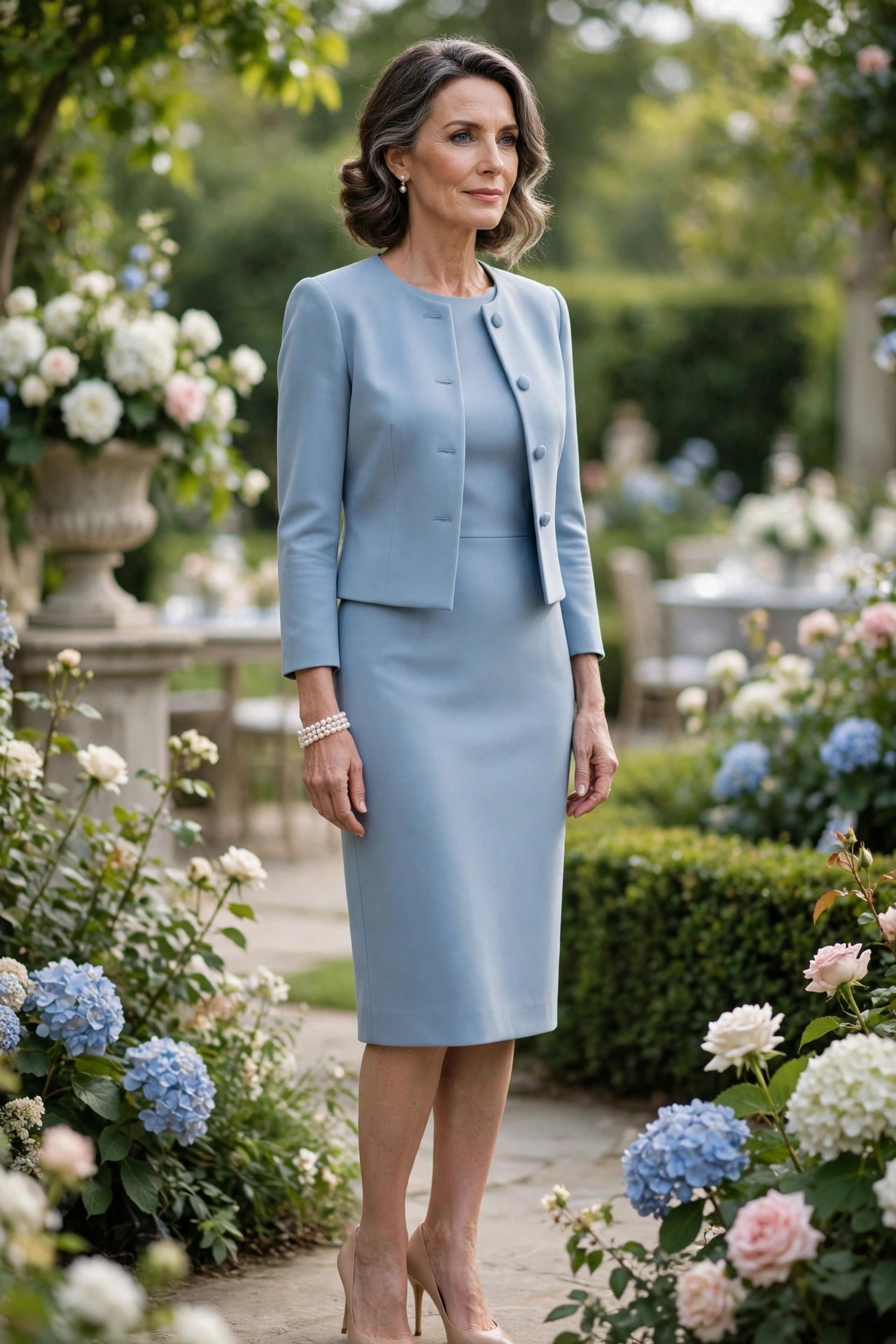 Woman over 50 in a powder blue sheath dress with a matching cropped jacket