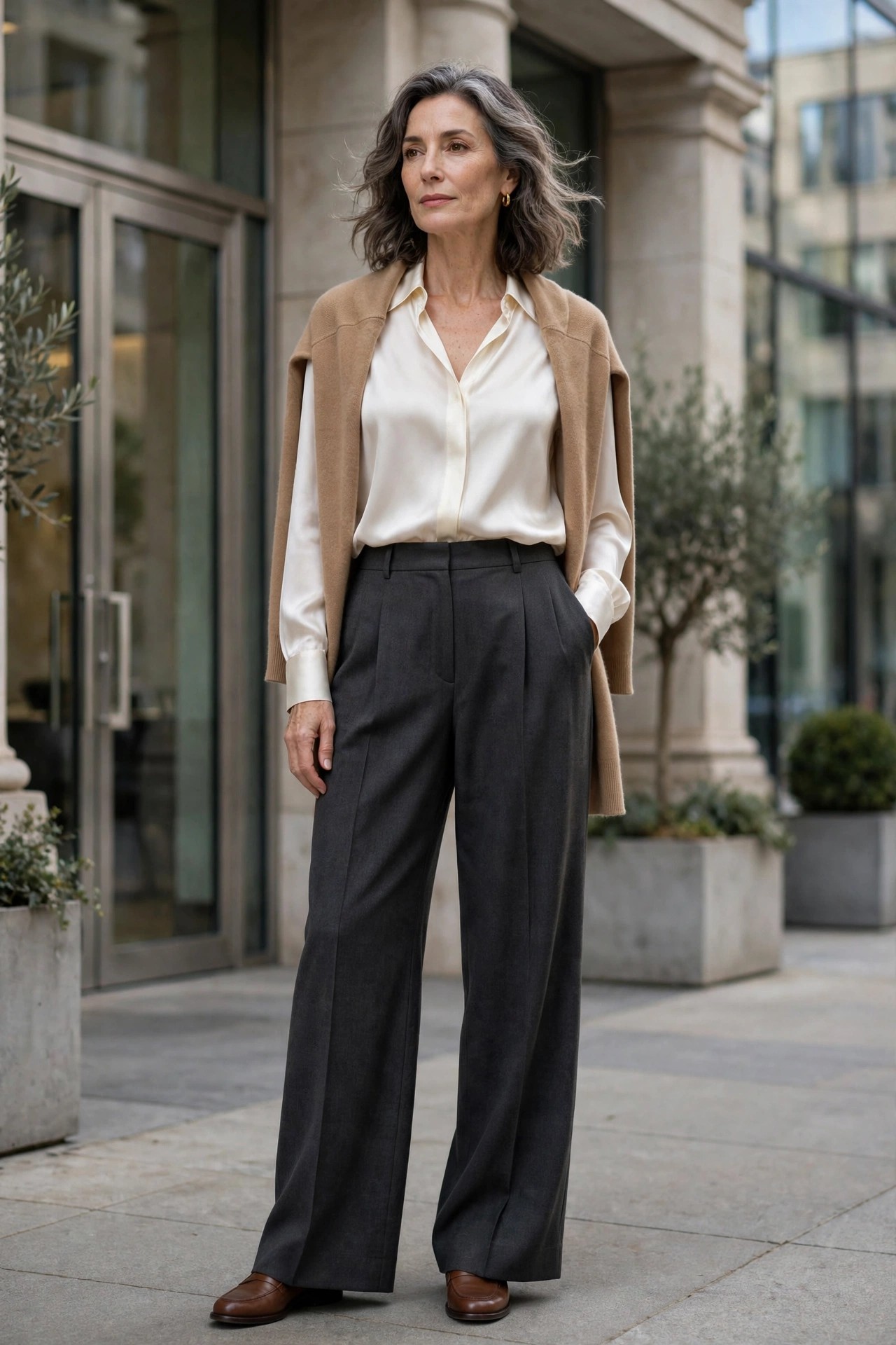 Woman over 50 wearing charcoal wide-leg trousers with a camel cardigan