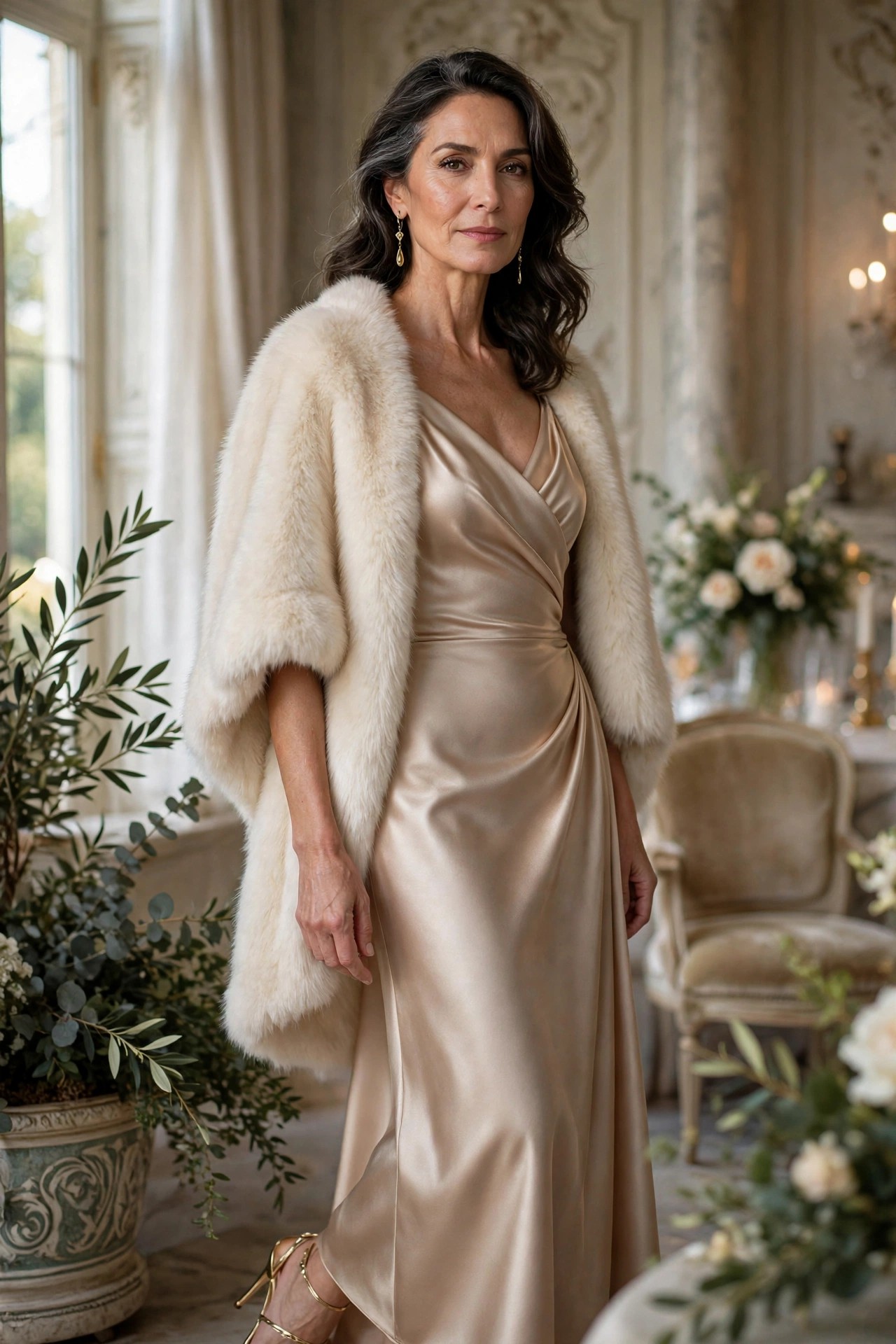 Woman over 50 wearing a champagne satin gown with a faux fur stole