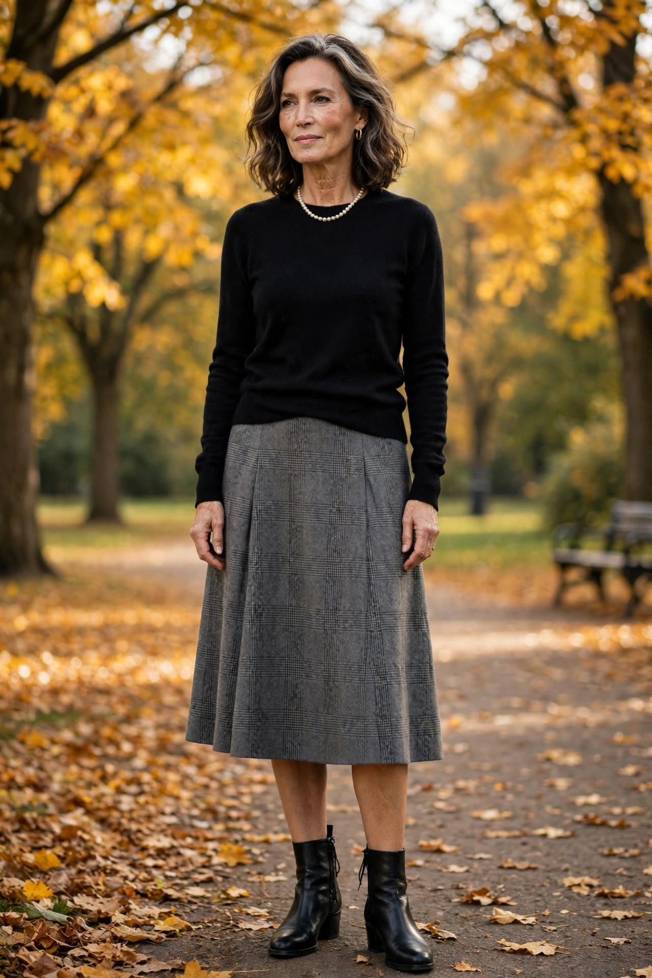 Woman over 50 wearing a grey flannel skirt with a black cashmere sweater