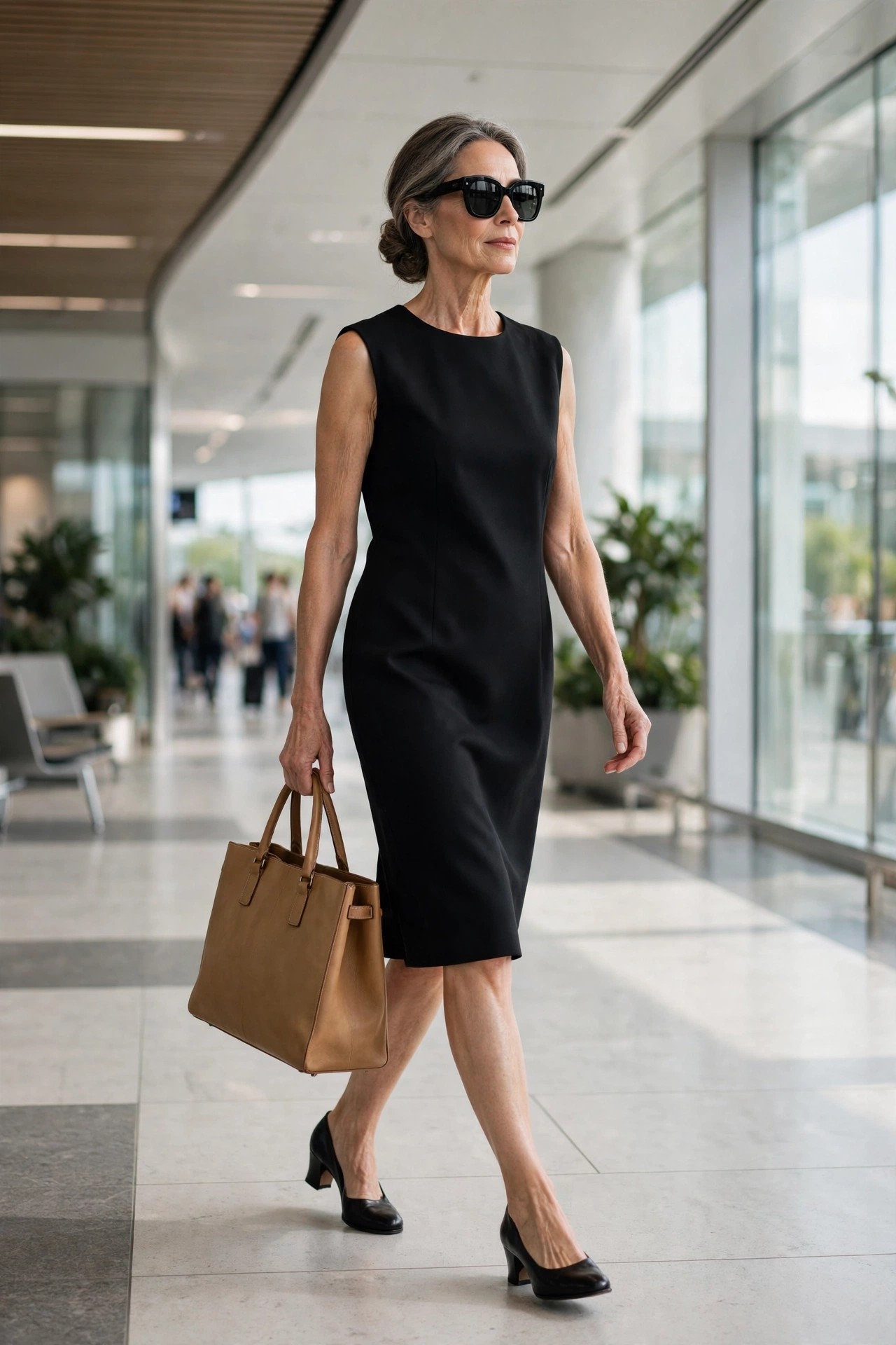 Woman over 50 in a black shift dress with oversized sunglasses at an airport