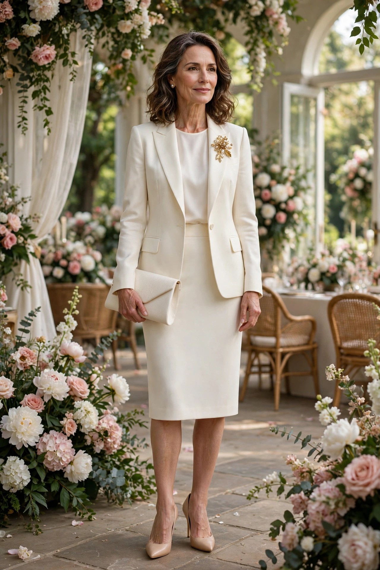 Woman over 50 wearing an ivory skirt suit with a gold brooch