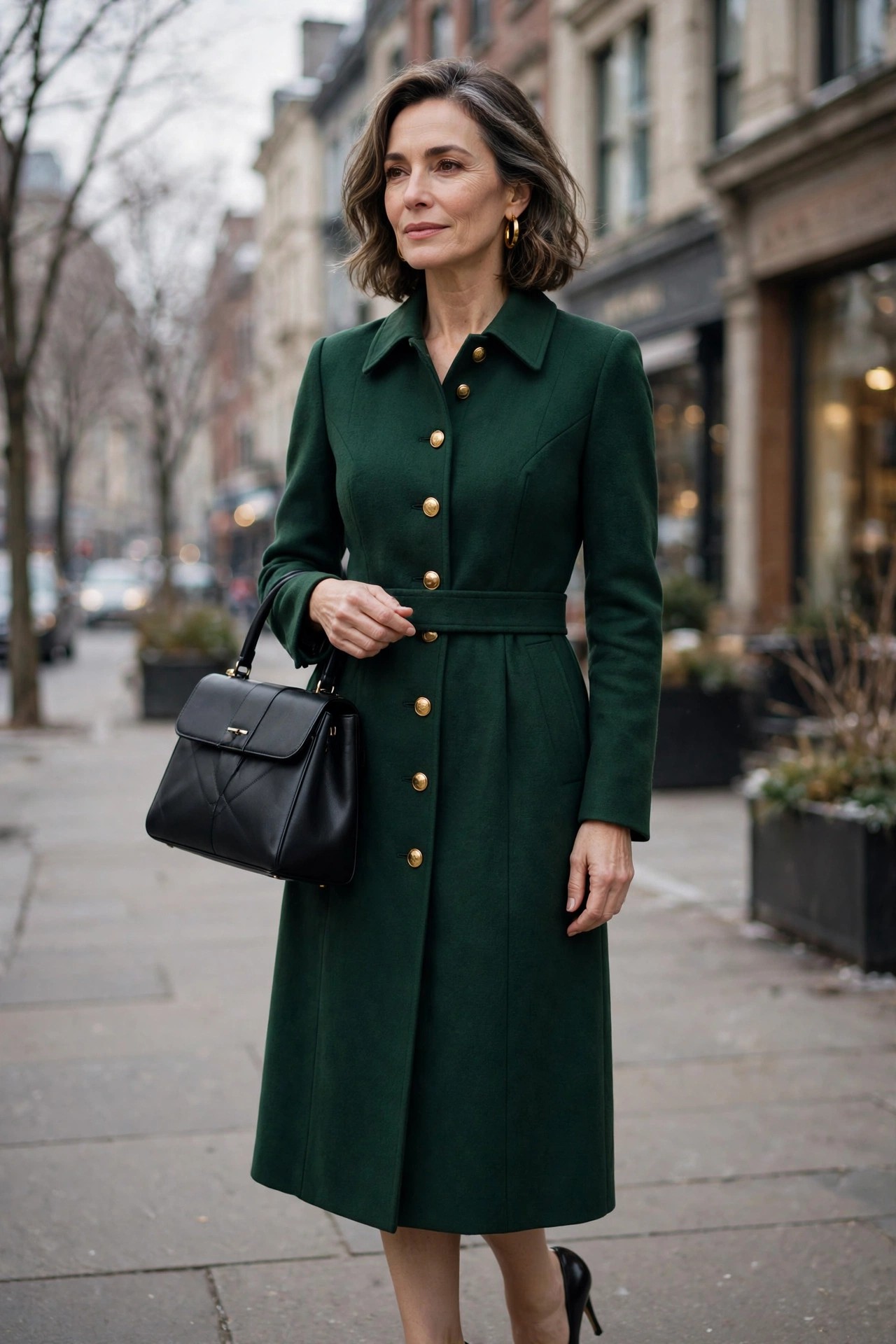 Woman over 50 in a forest green coatdress with gold buttons