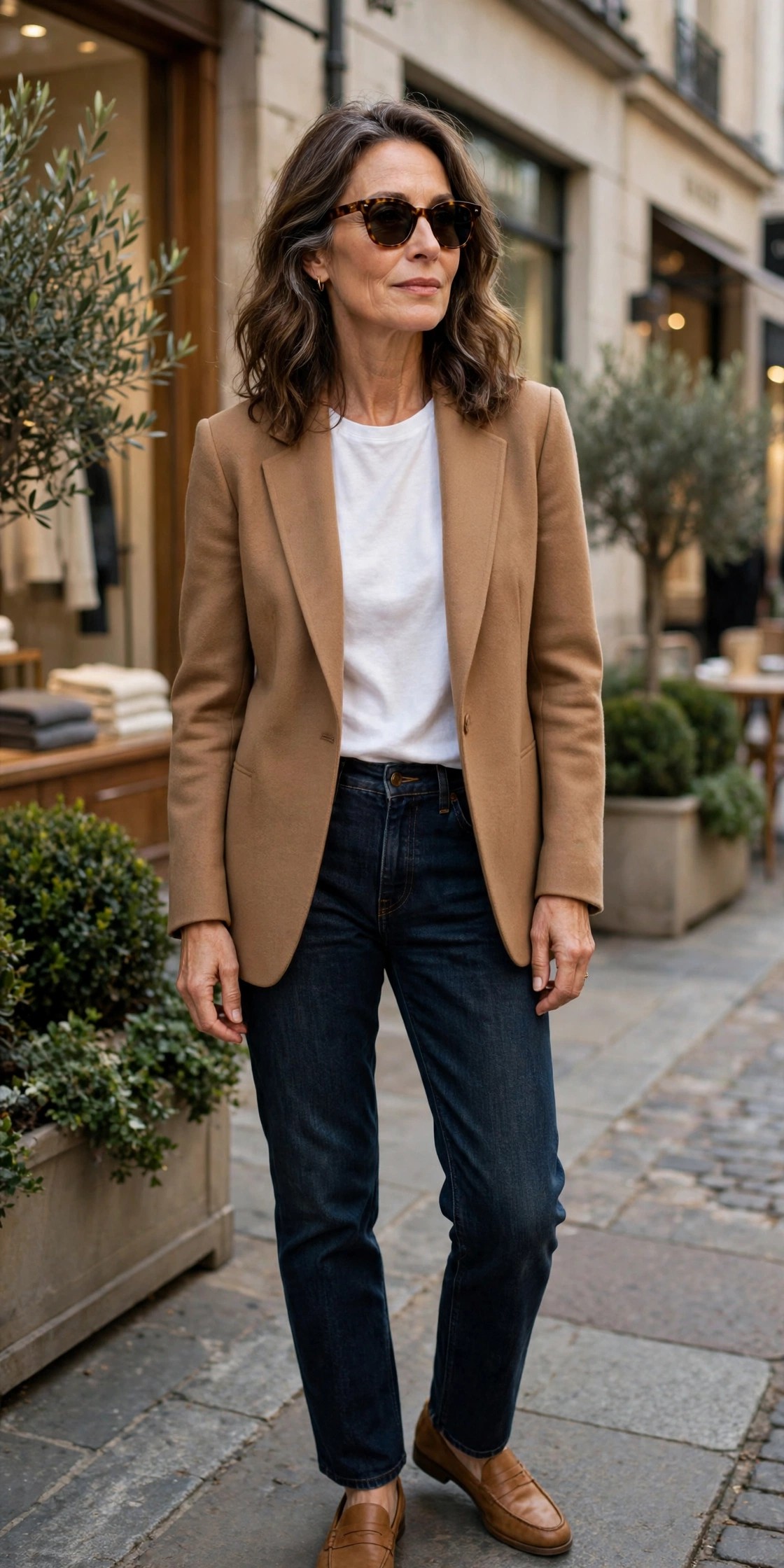 Woman over 50 wearing a camel blazer with a white tee and dark jeans