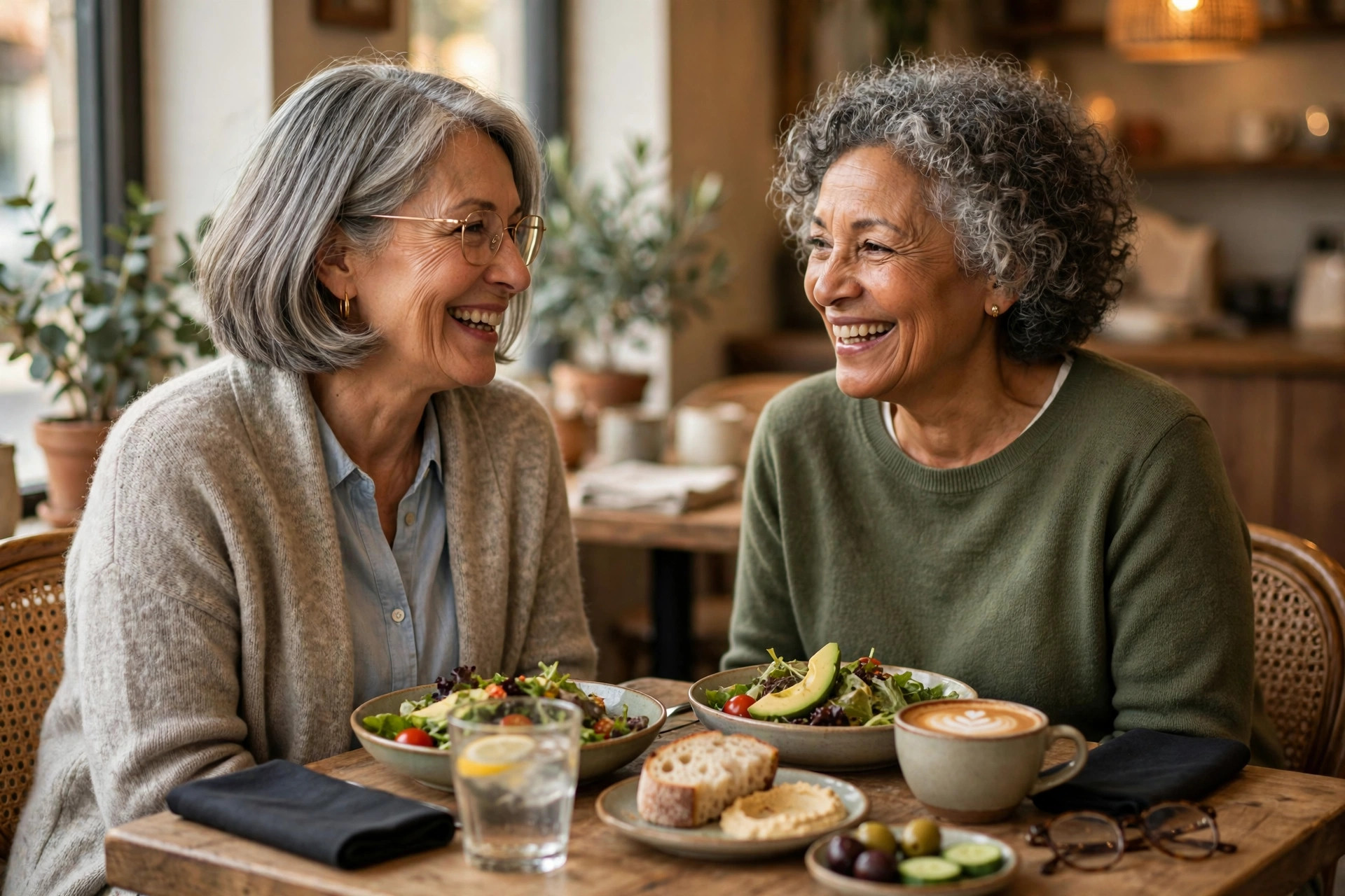 Two women in their 60s enjoying their regular weekly lunch at a cozy cafe