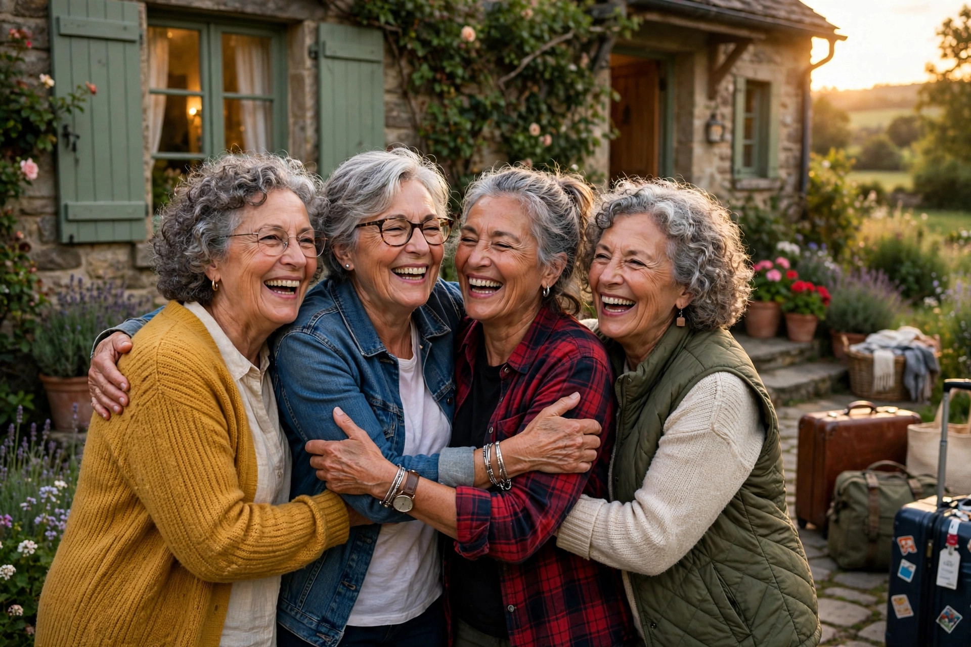 Group of women friends in their 60s reuniting with hugs at a countryside cottage