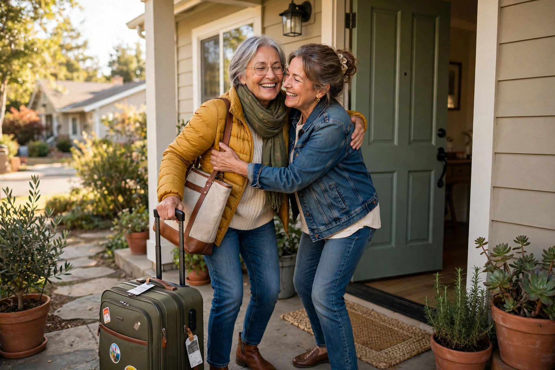 Woman in her 60s arriving with a suitcase for a joyful reunion hug