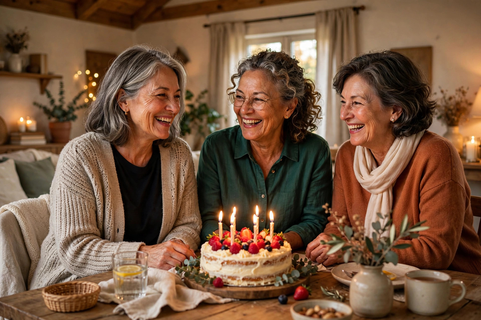 Three women friends in their 60s celebrating a birthday weekend tradition with cake