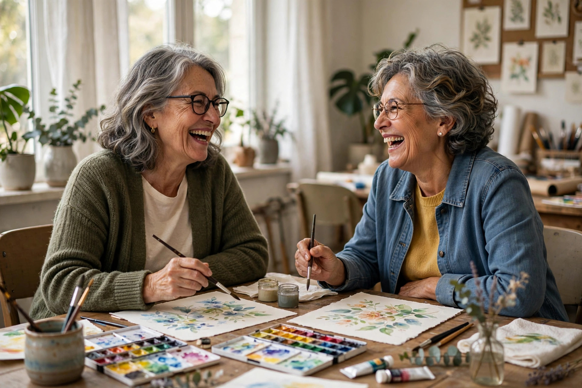 Two women friends in their 60s learning watercolor painting together
