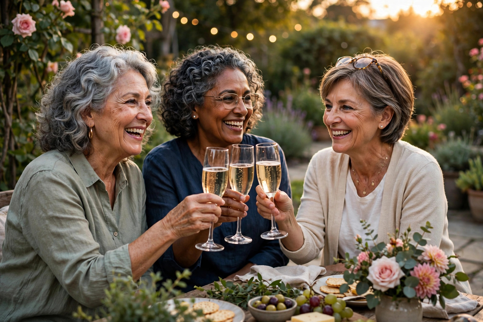Women friends in their 60s celebrating a retirement milestone with a toast