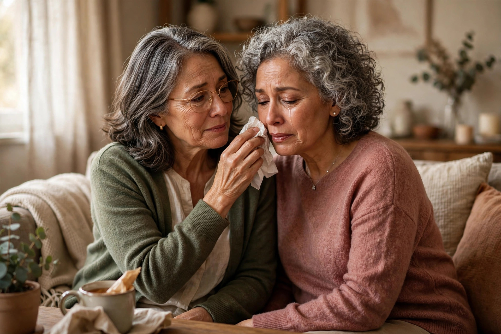 Two women friends in their 60s sharing a vulnerable honest moment on a sofa