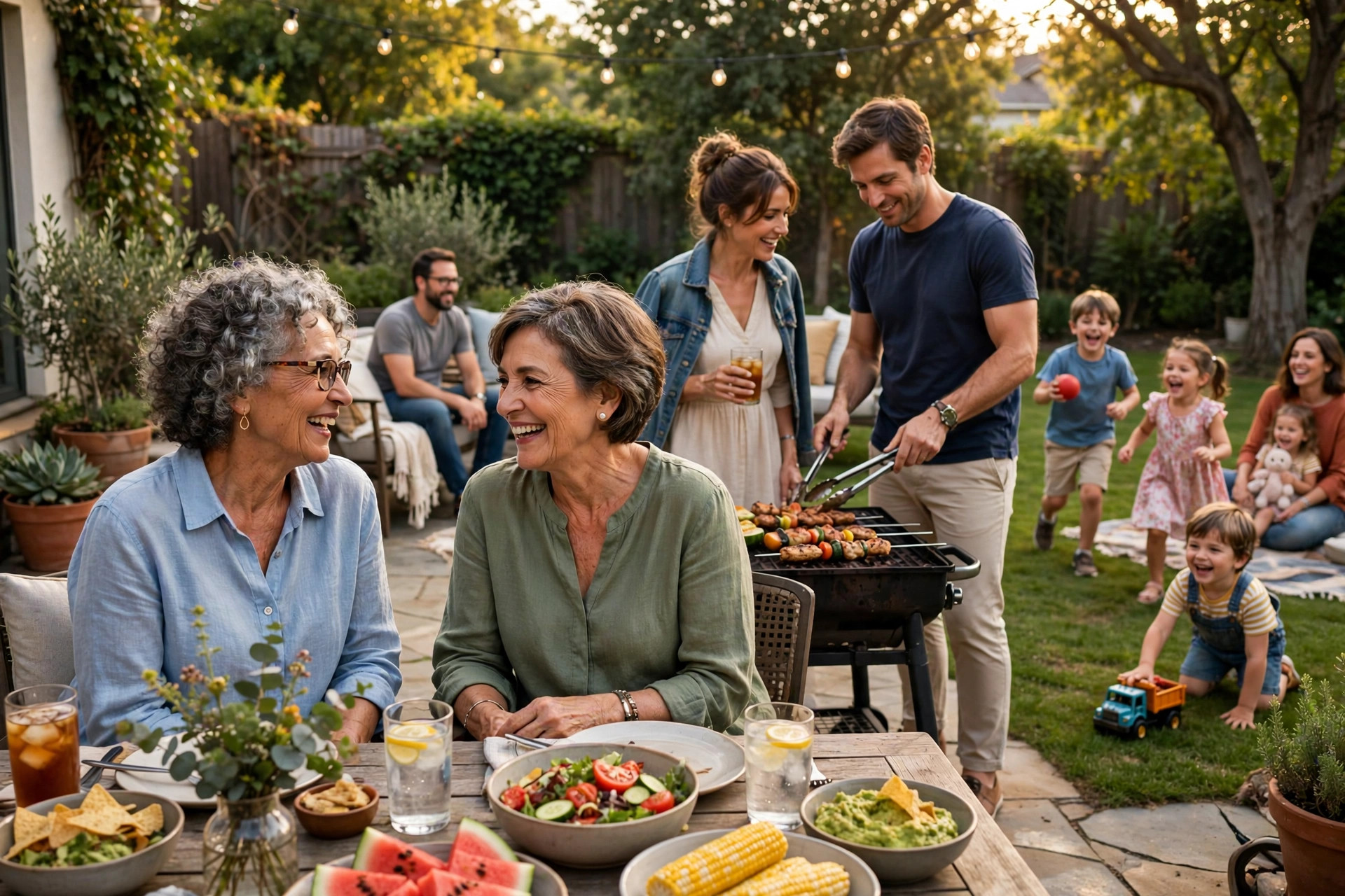 Two women friends in their 60s with families at a backyard barbecue