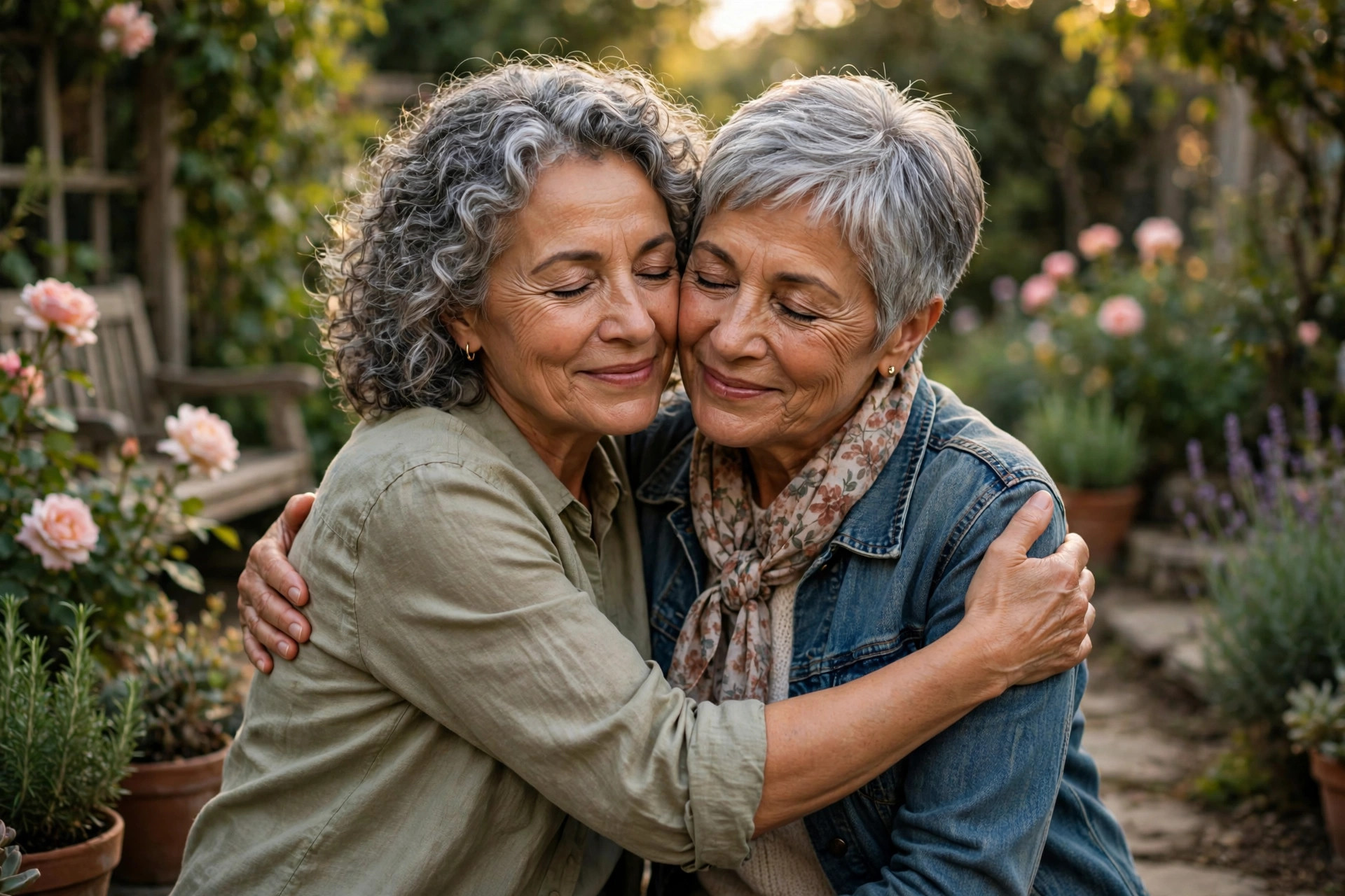 Two women friends in their 60s sharing a warm reconciling hug in a garden